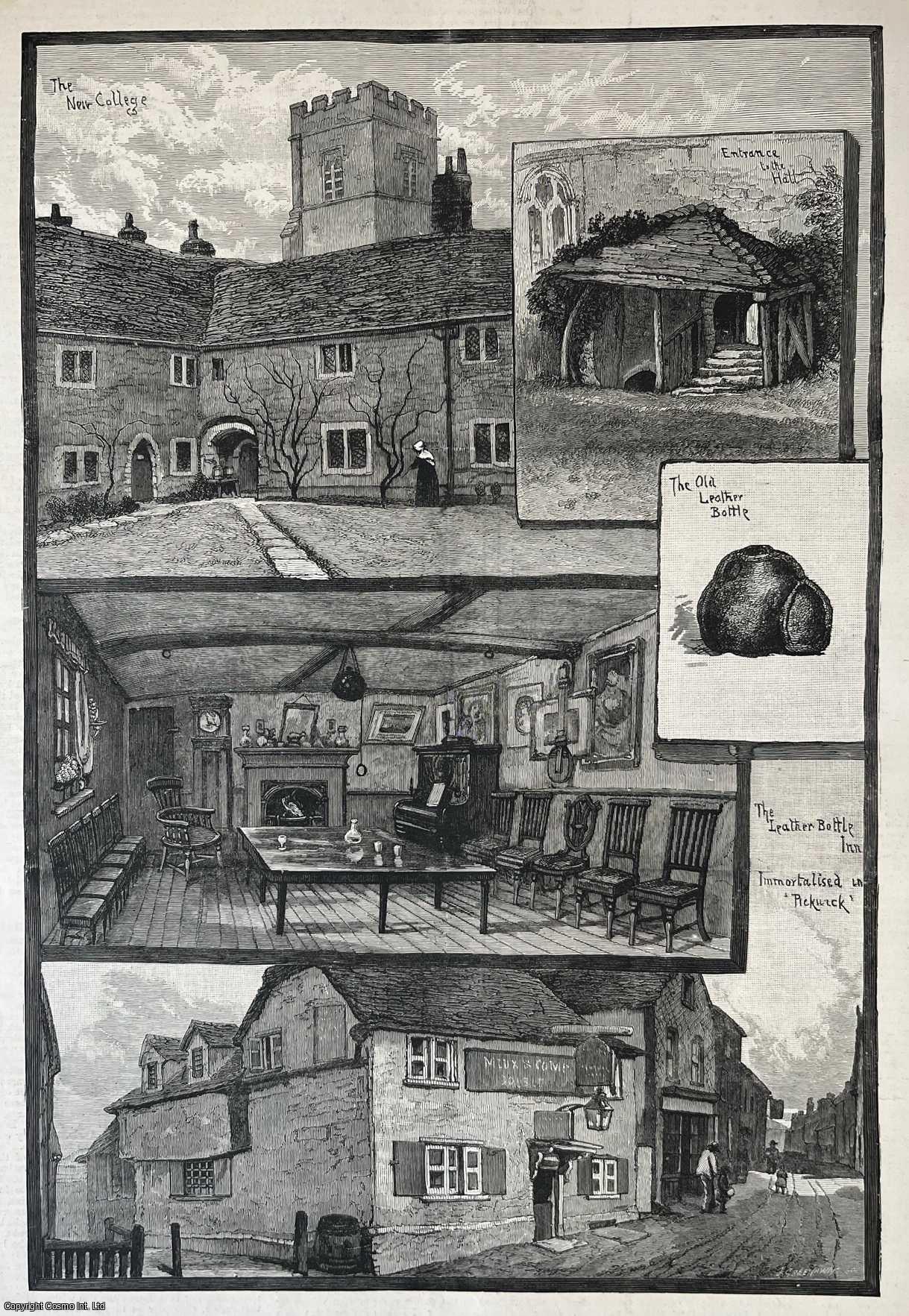 COBHAM, KENT - Sketches of Cobham, Kent; the Leather Bottle Inn and the New College. A collection of original woodcut engravings, with brief accompanying text overleaf, from the Illustrated London News, 1887.