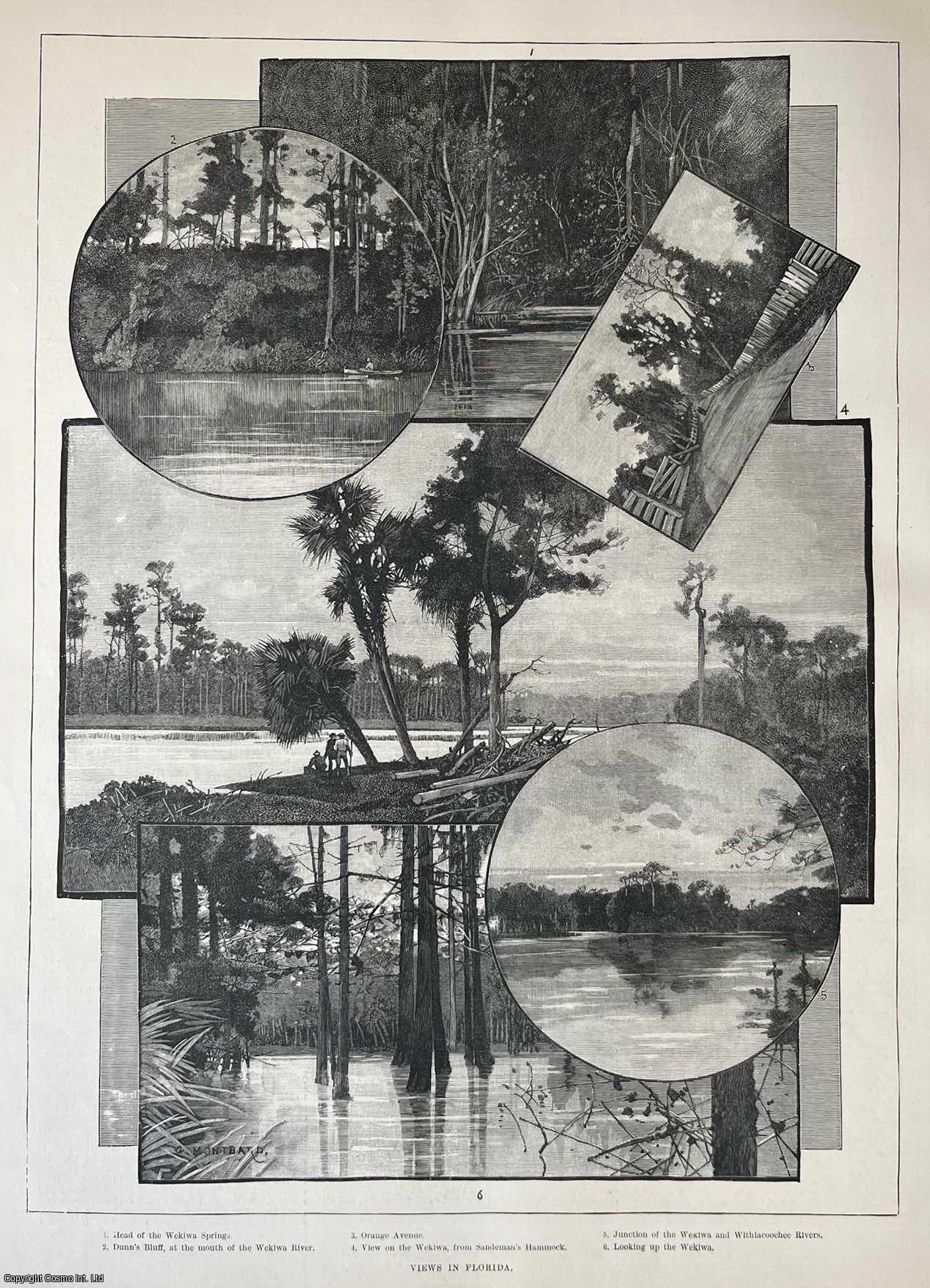 FLORIDA - Views in Florida. A collection of original woodcut engravings, with brief accompanying text overleaf, from the Illustrated London News, 1887.