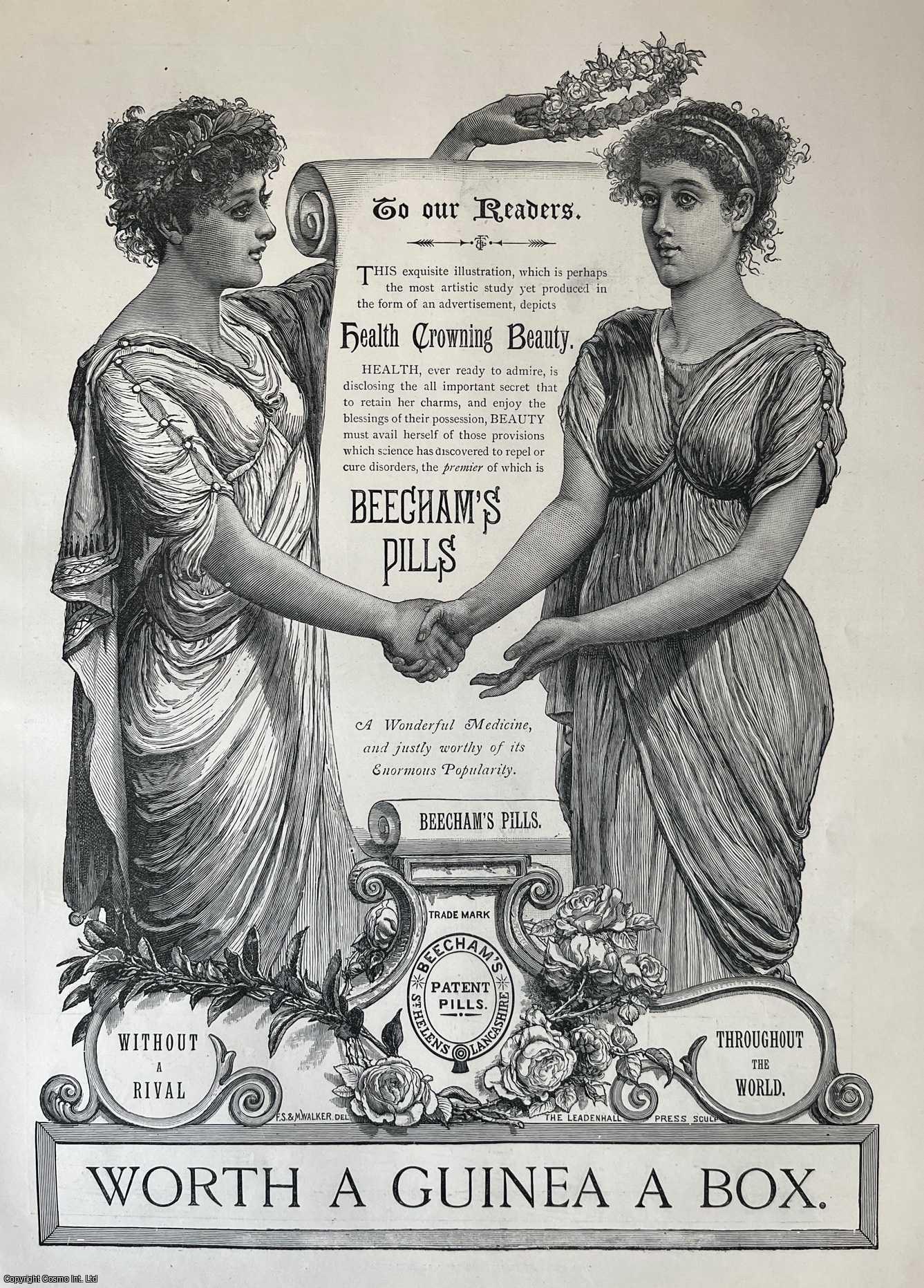 ADVERTISING - Health Crowning Beauty. Advertisement for Beecham's Pills. An original woodcut engraving, from the Illustrated London News, 1887.