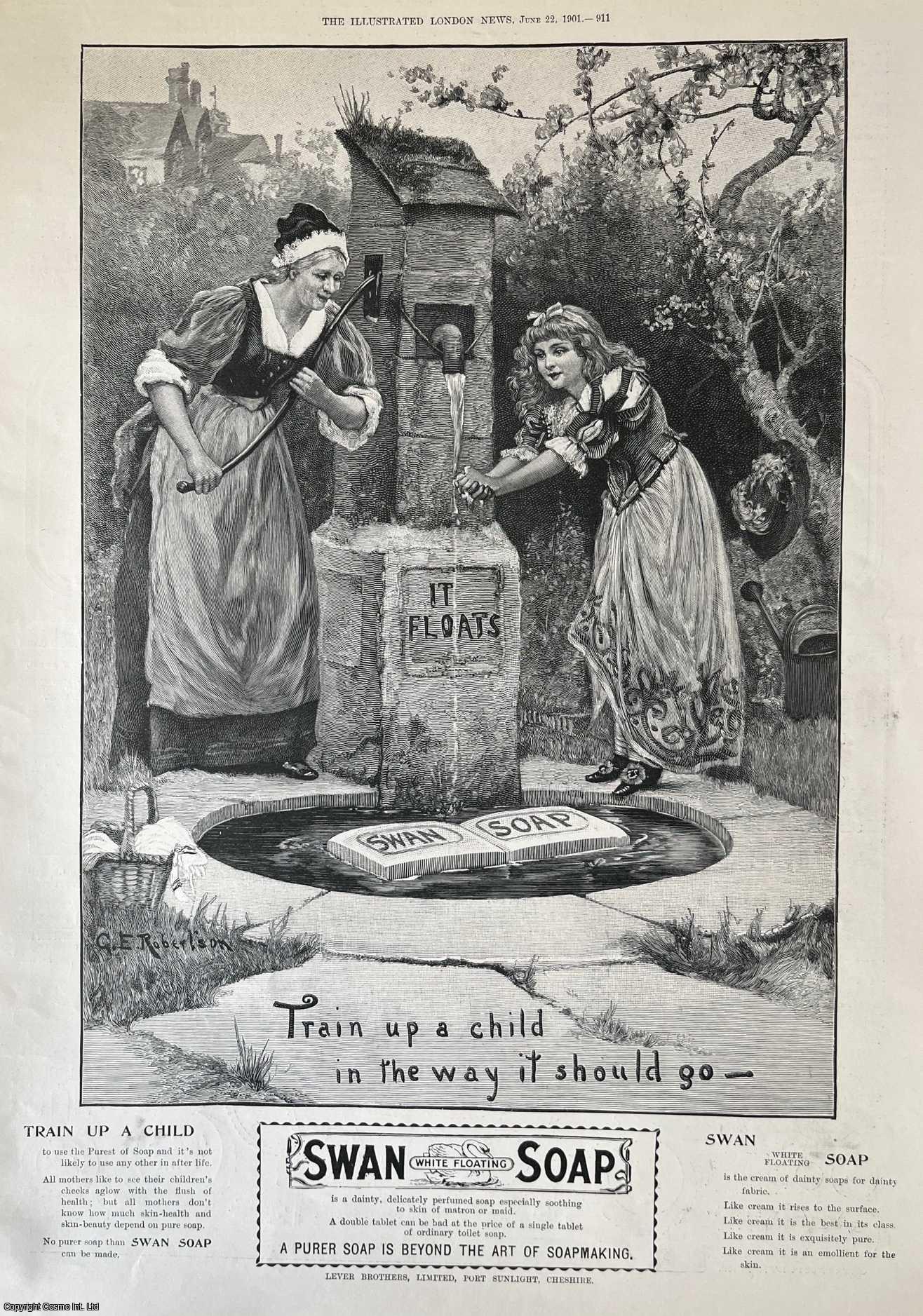 ADVERTISING - Train up a Child in the Way it Should Go. Advertisement for Swan White Floating Soap, Lever Brothers, Port Sunlight. An original woodcut engraving, from the Illustrated London News, 1901.
