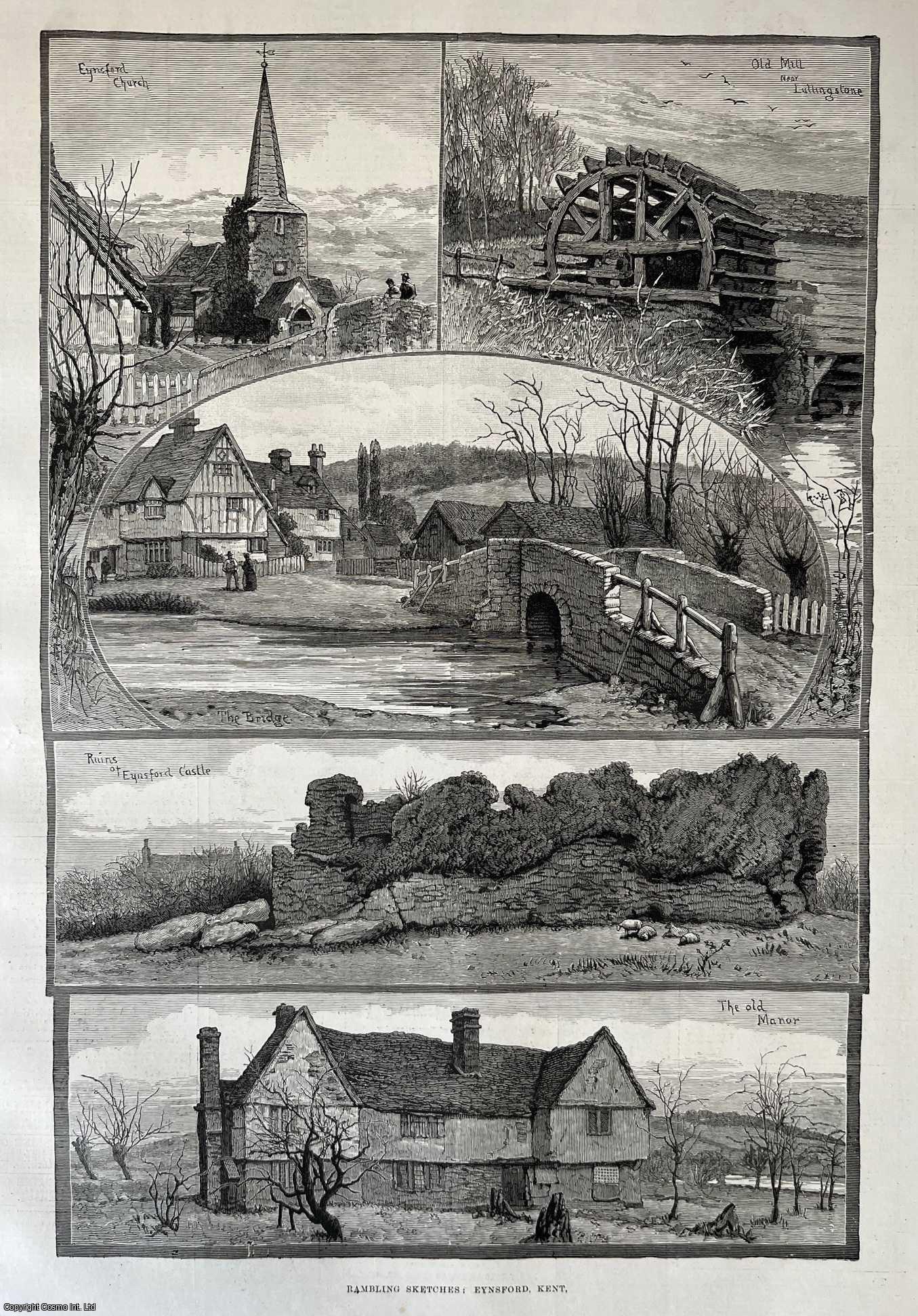 EYNSFORD, KENT - Sketches in Eynsford, Kent. A collection of original woodcut engravings, with brief accompanying text overleaf, from the Illustrated London News, 1887.