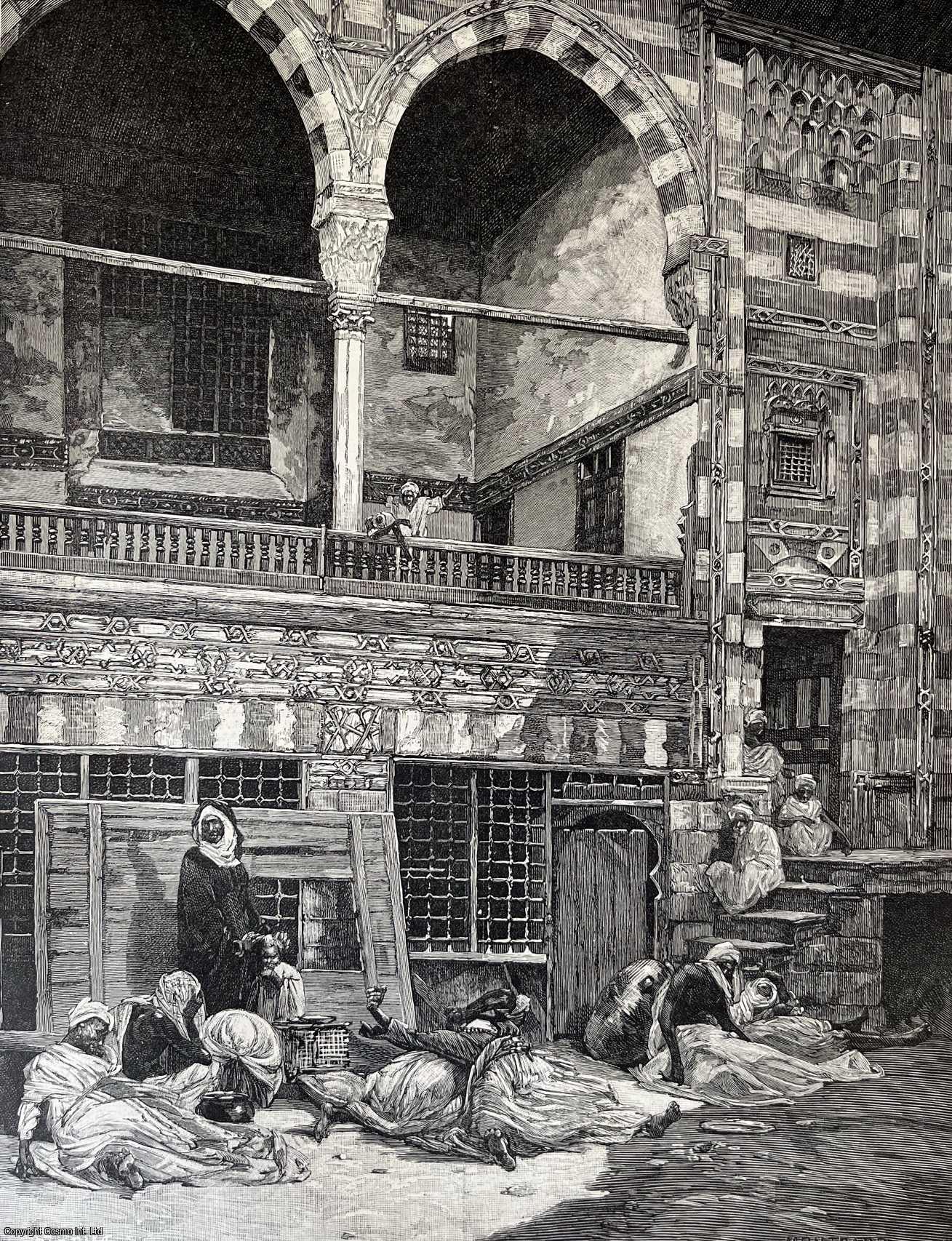 CHOLERA IN EGYPT - The Cholera in Egypt: Scene in the Courtyard of a House in Cairo. An original woodcut engraving, with brief accompanying text overleaf, from the Illustrated London News, 1883.