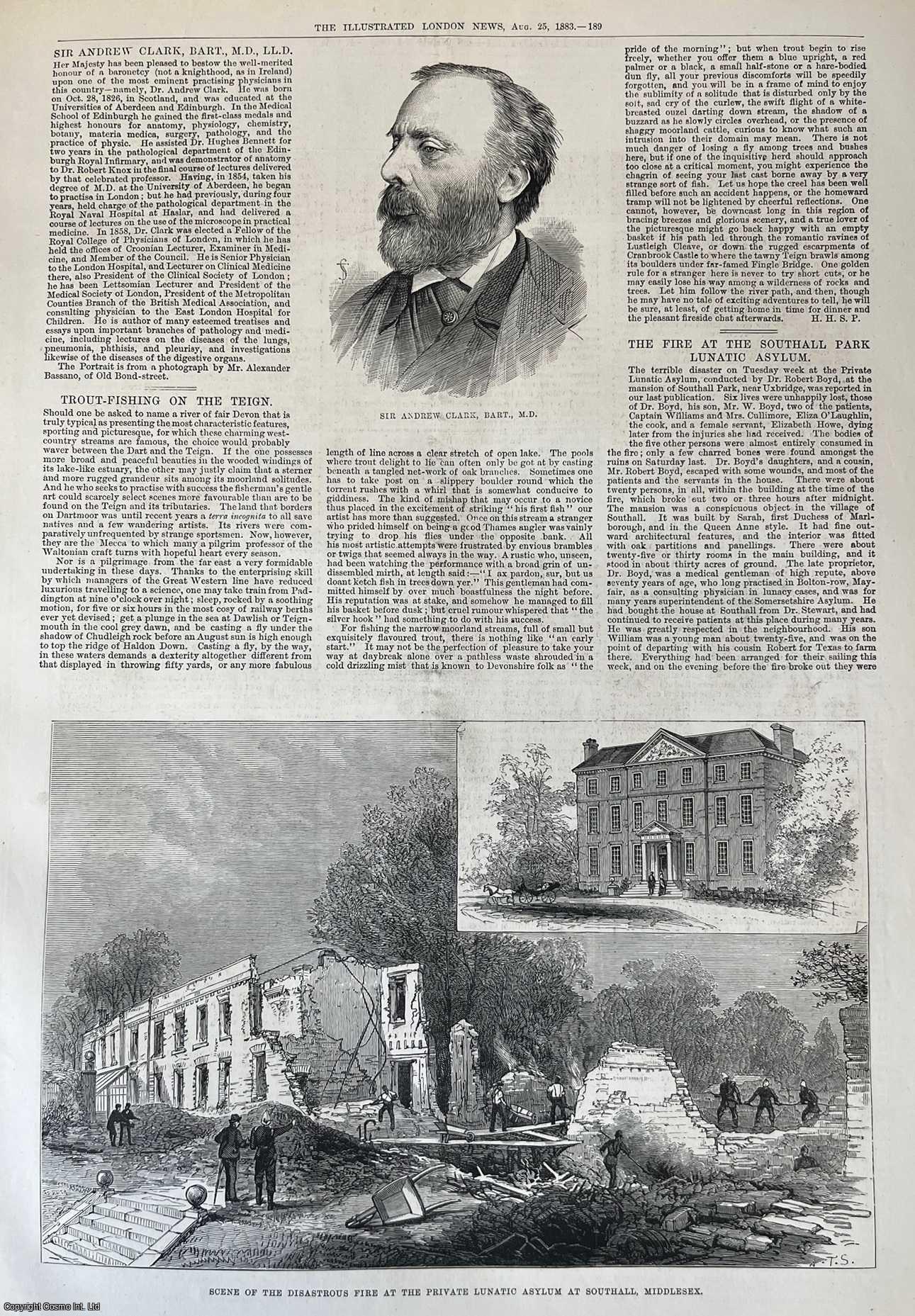 HOSPITAL FIRE - Fire at the Southall Park, Private Asylum, Middlesex. An original woodcut engraving, with brief accompanying text, from the Illustrated London News, 1883.