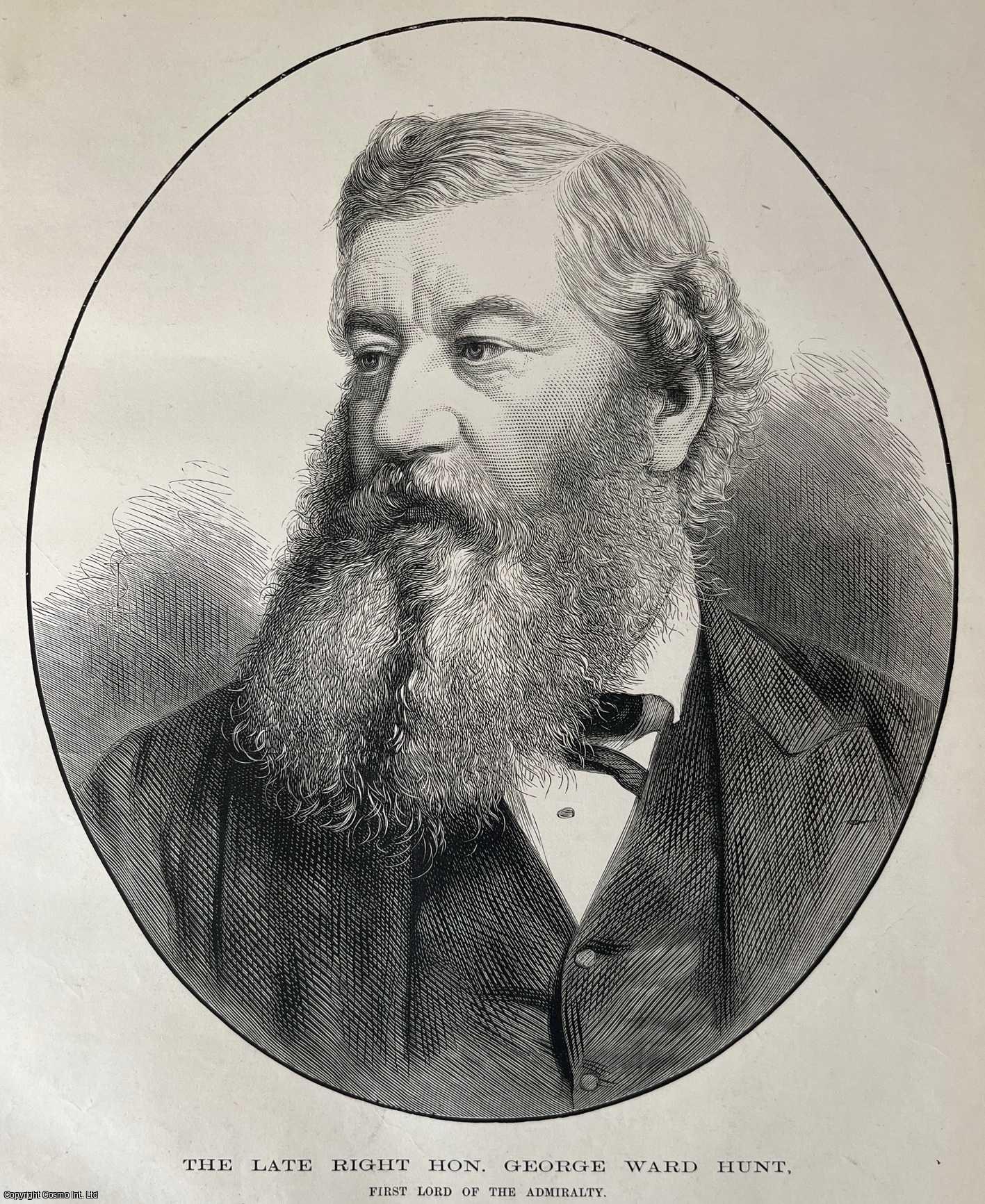 RT. HON. GEORGE WARD HUNT - Portrait of the Right Hon. George Ward Hunt. An original woodcut engraving, from the Illustrated London News, 1877.