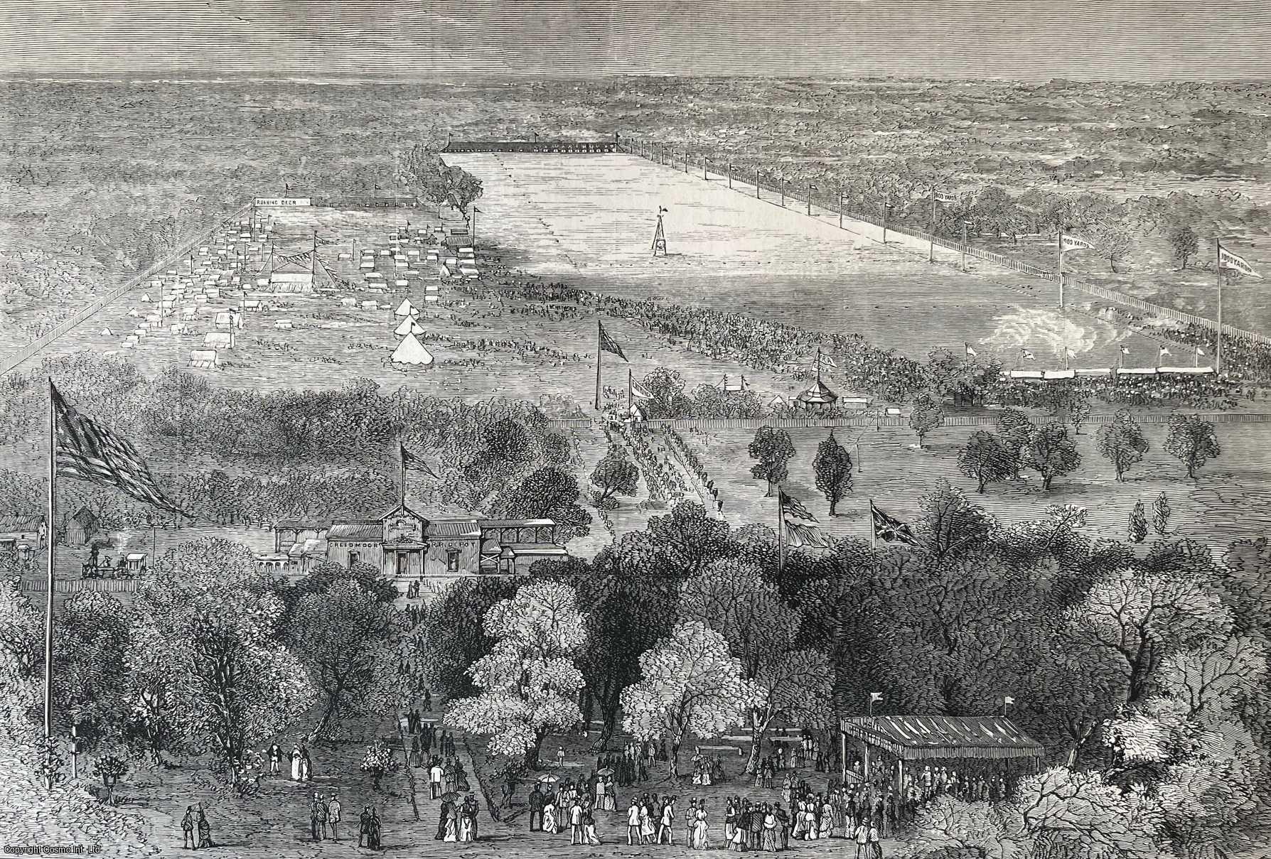 NEW YORK, CREEDMOOR - International Match of American and British Riflemen at Creedmoor, New York: Bird's Eye View of the Ground. An original woodcut engraving, with brief accompanying text overleaf, from the Illustrated London News, 1877.