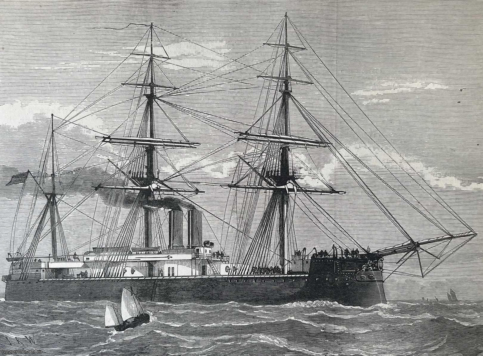 NAVY - The Brazilian Ironclad Independencia. An original woodcut engraving, from the Illustrated London News, 1877.