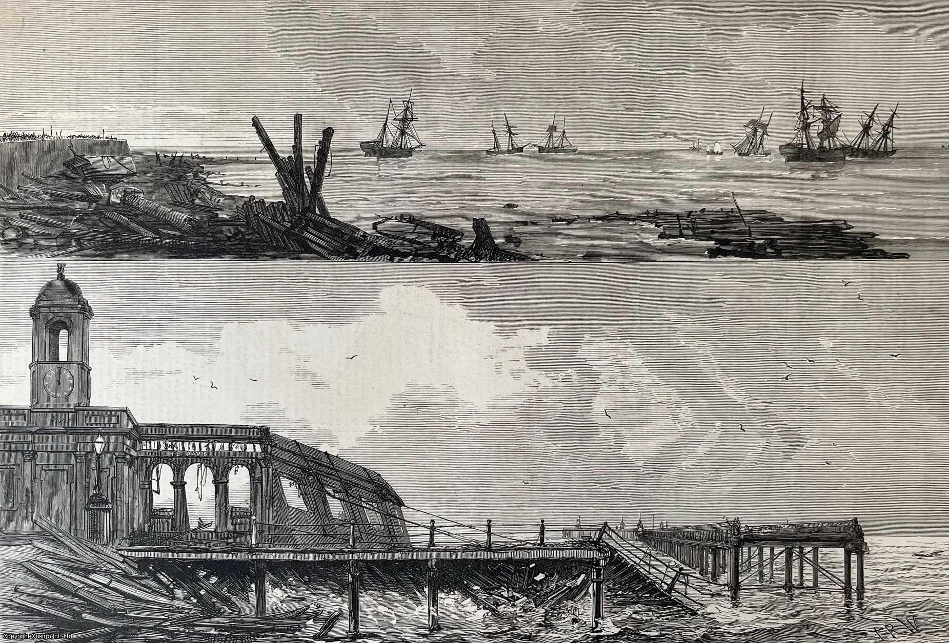 MARGATE, KENT - Scenes at Margate after a Gale: The Jetty, and Ships Ashore opposite the Parade. Two original woodcut engravings, from the Illustrated London News, 1877.