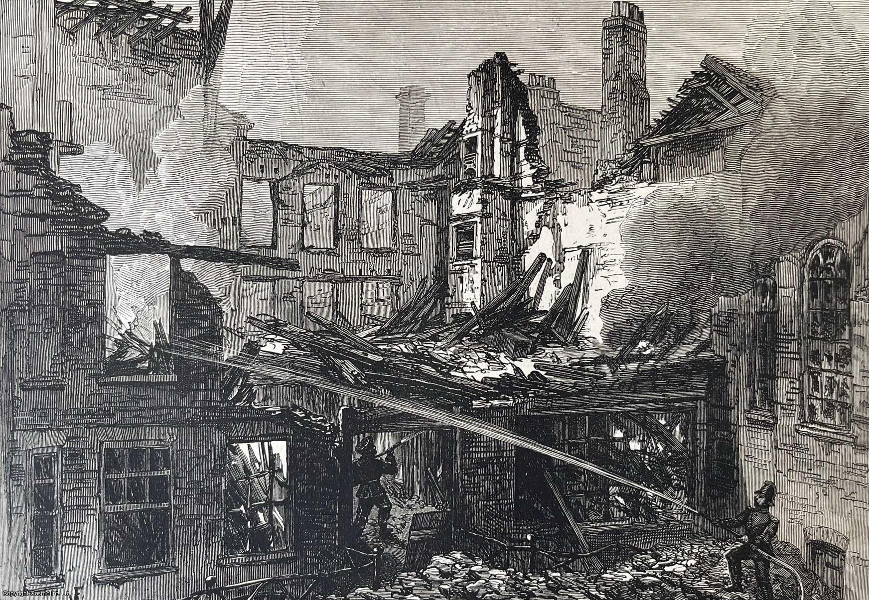 LONDON, FLEET STREET - Scottish Corporation Hall, Crane Court, Fleet Street; in Ruins after a Fire. An original woodcut engraving, from the Illustrated London News, 1877.