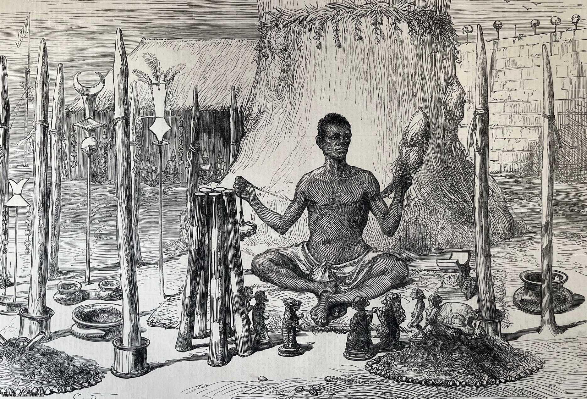 BENIN - A Dahomey Priest Spinning Sacred Cotton. An original woodcut engraving, with brief accompanying text overleaf, from the Illustrated London News, 1877.