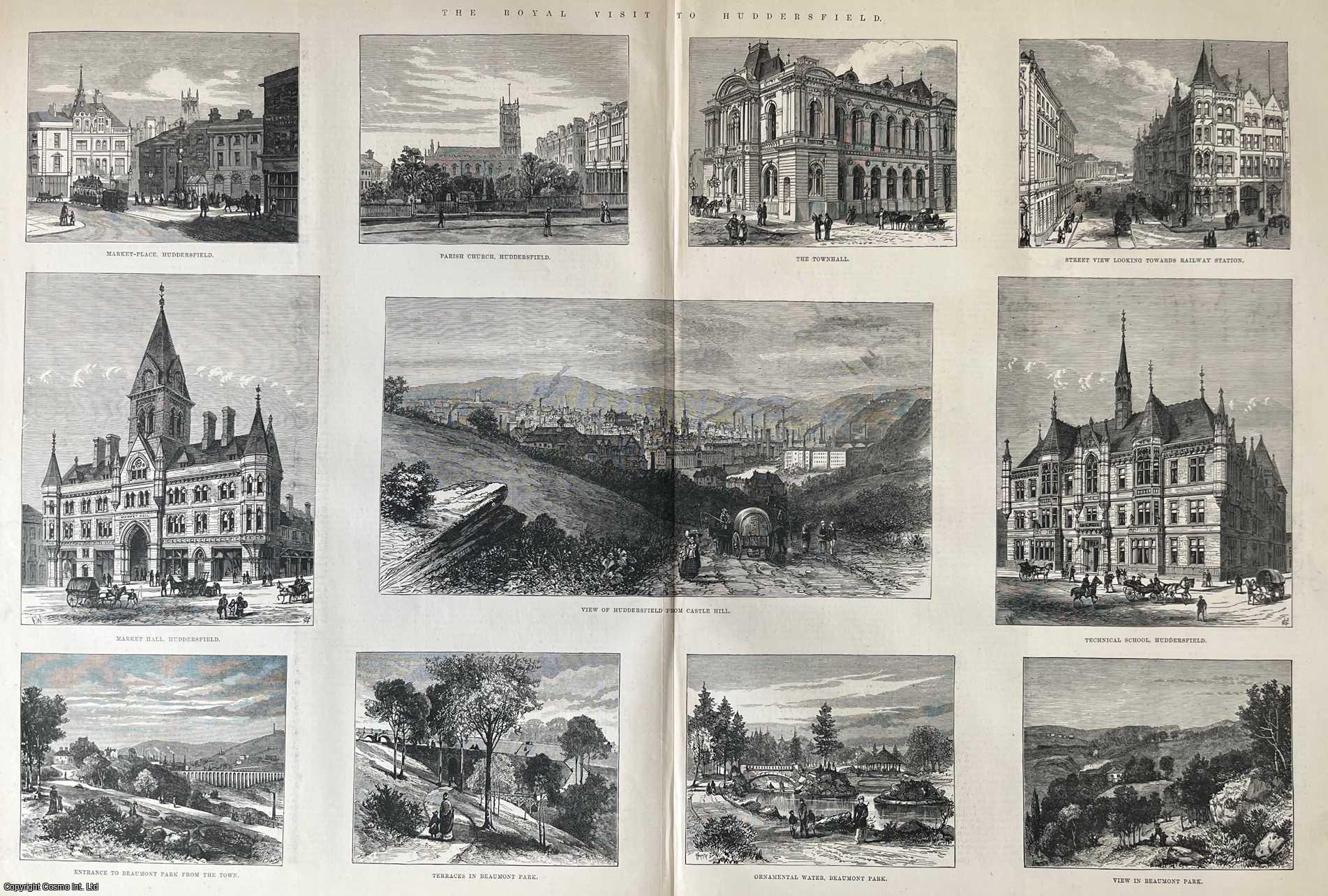 HUDDERSFIELD - Scenes of Huddersfield, including the Duke and Duchess of Albany Opening Beaumont Park. A collection of original woodcut engravings, with brief accompanying text overleaf, from the Illustrated London News, 1883.