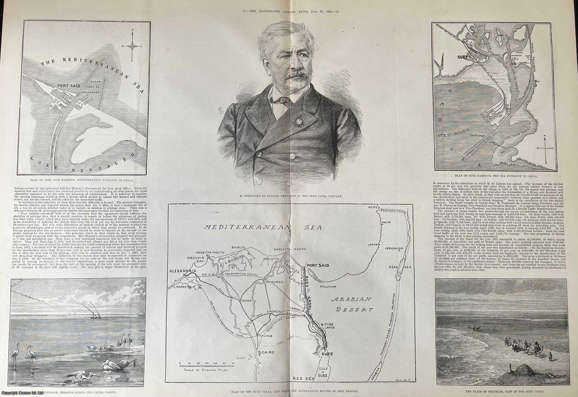 H.M. STANLEY, CONGO RIVER - The Suez Canal Question in Parliament. A collection of plans, maps and original woodcut engravings, with accompanying text, from the Illustrated London News, 1883.