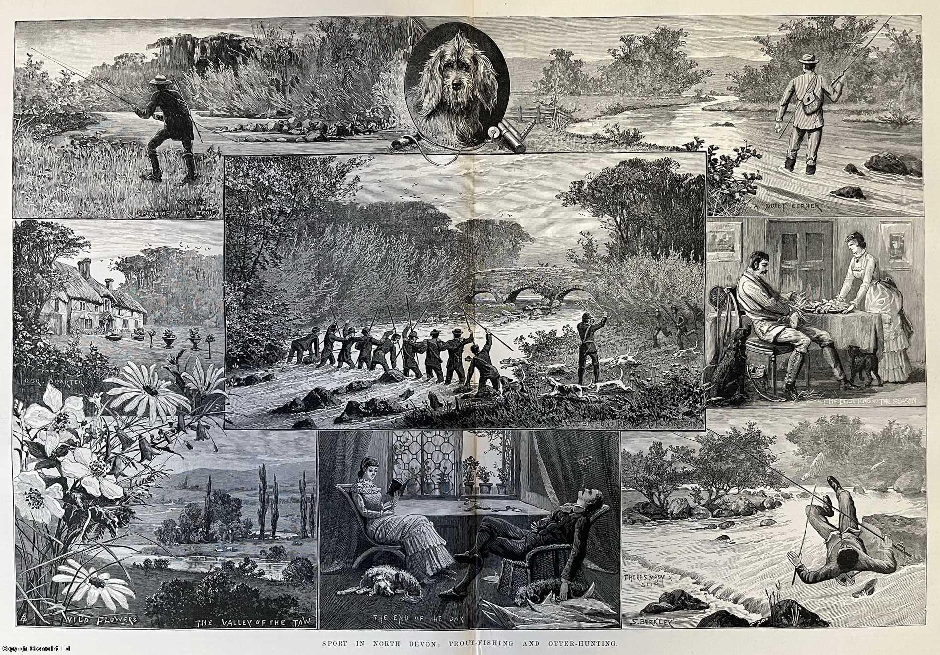 OTTER HUNTING - Sport in North Devon: Trout Fishing and Otter Hunting. A collection of original woodcut engravings, with accompanying text on a separate page, from the Illustrated London News, 1883.