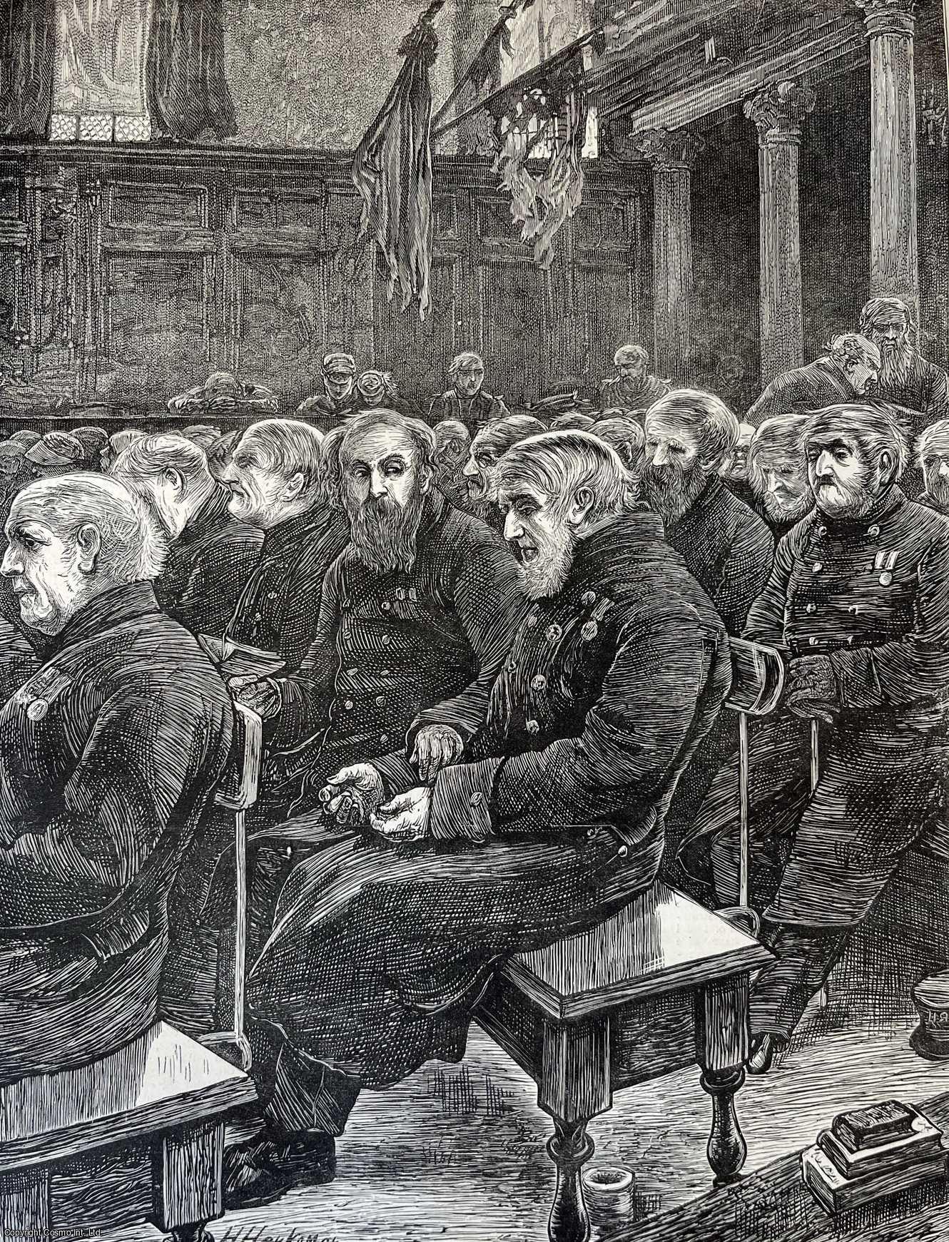 ROYAL CHELSEA HOSPITAL - Sunday at the Royal Chelsea Hospital. An original woodcut engraving, with brief accompanying text overleaf, from the Graphic Illustrated Weekly Magazine, 1871.