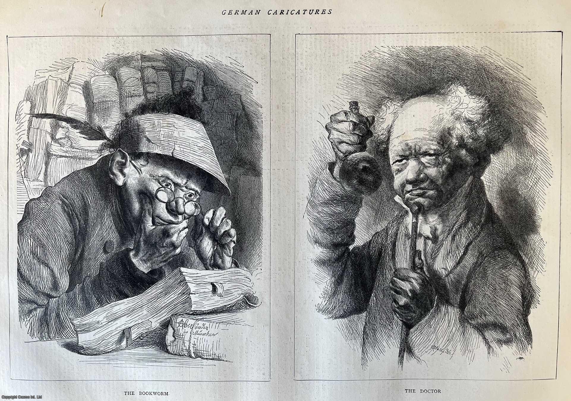 CARICATURES - German Caricatures: The Bookworm and The Doctor. Two original woodcut engravings, with brief accompanying text overleaf, from the Graphic Illustrated Weekly Magazine, 1871.