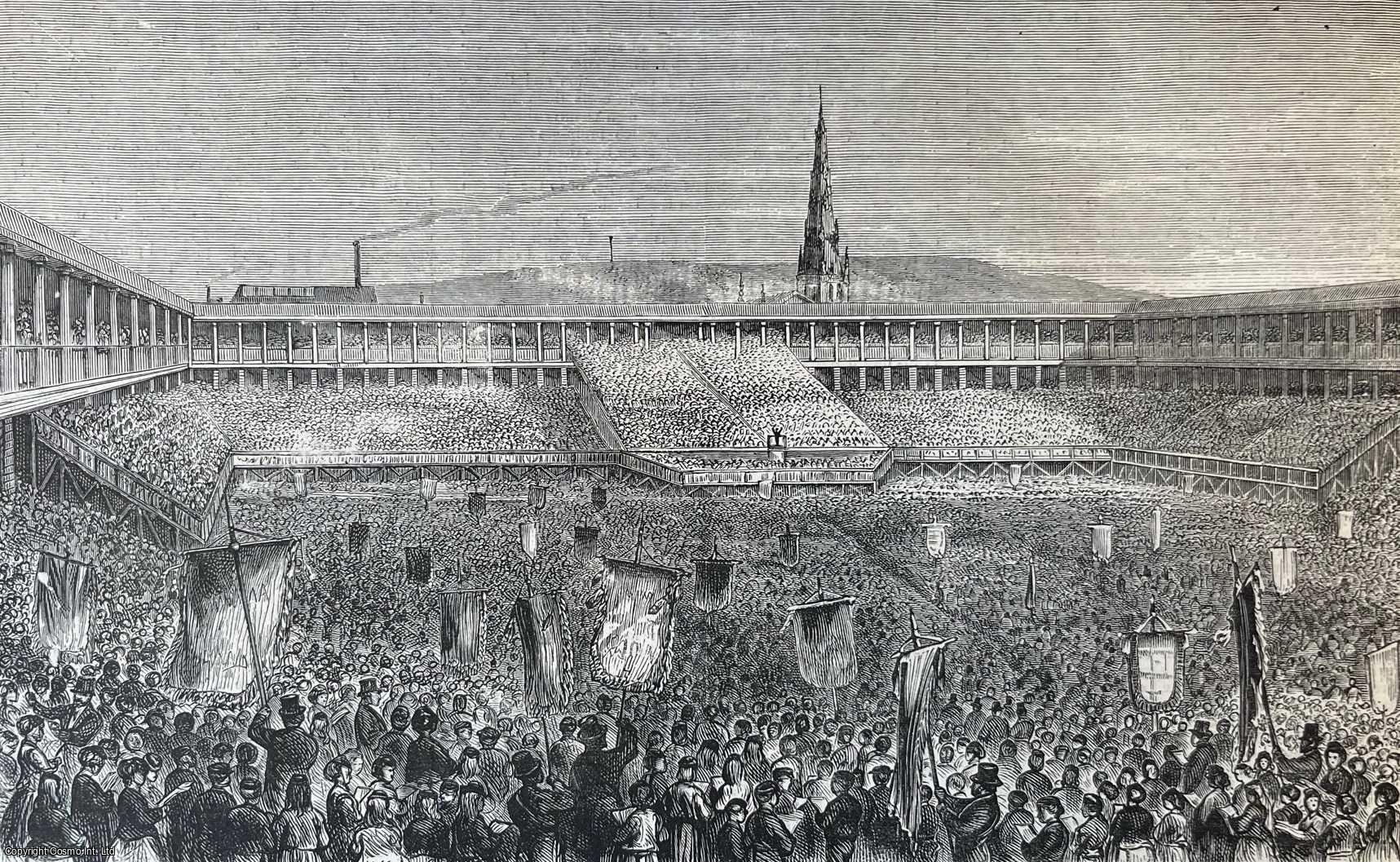 HALIFAX, PIECE HALL - Sunday School Jubilee Commemoration at the Piece Hall, Halifax. An original woodcut engraving, from the Graphic Illustrated Weekly Magazine, 1871.