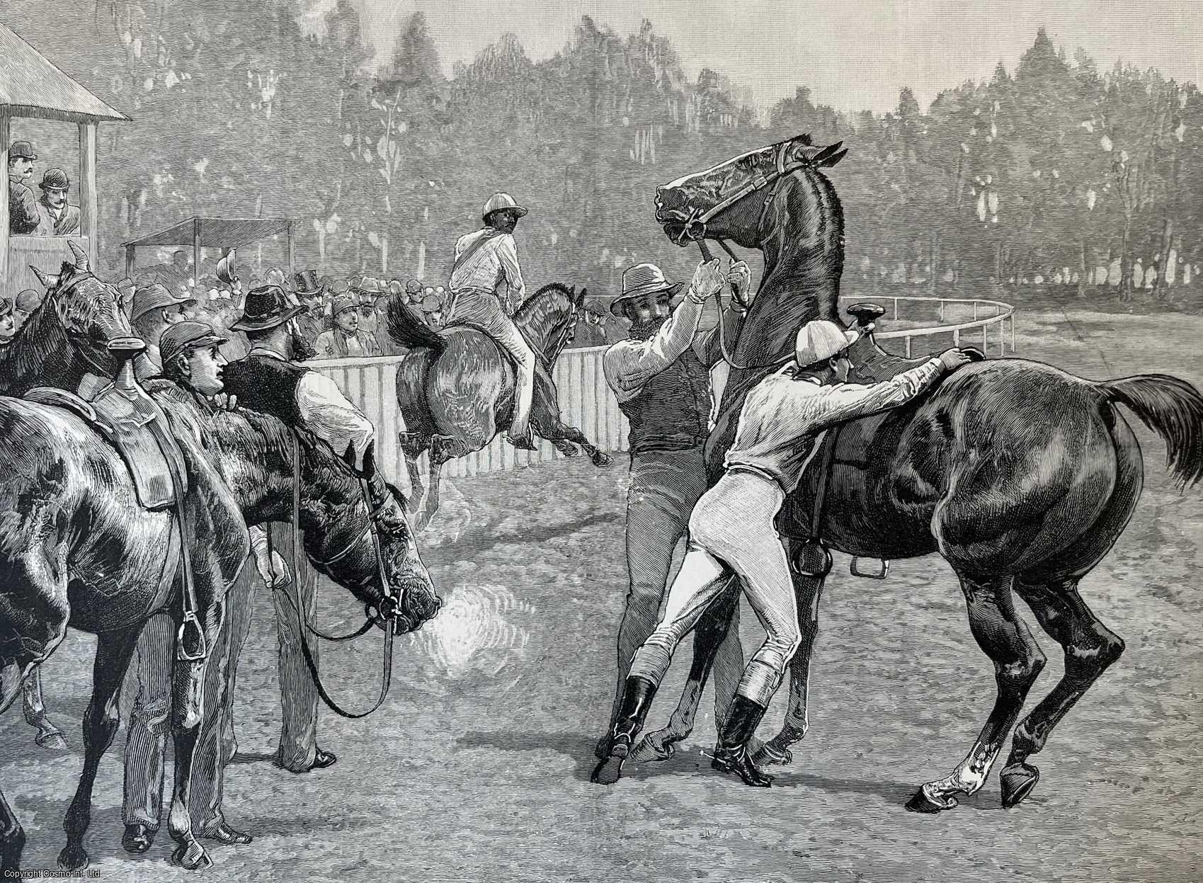 HORSE RACING, LOS ANGELES - A Thirty-Mile Race at Los Angeles, California - Changing Horses. An original woodcut engraving, from the Graphic Illustrated Weekly Magazine, 1889.