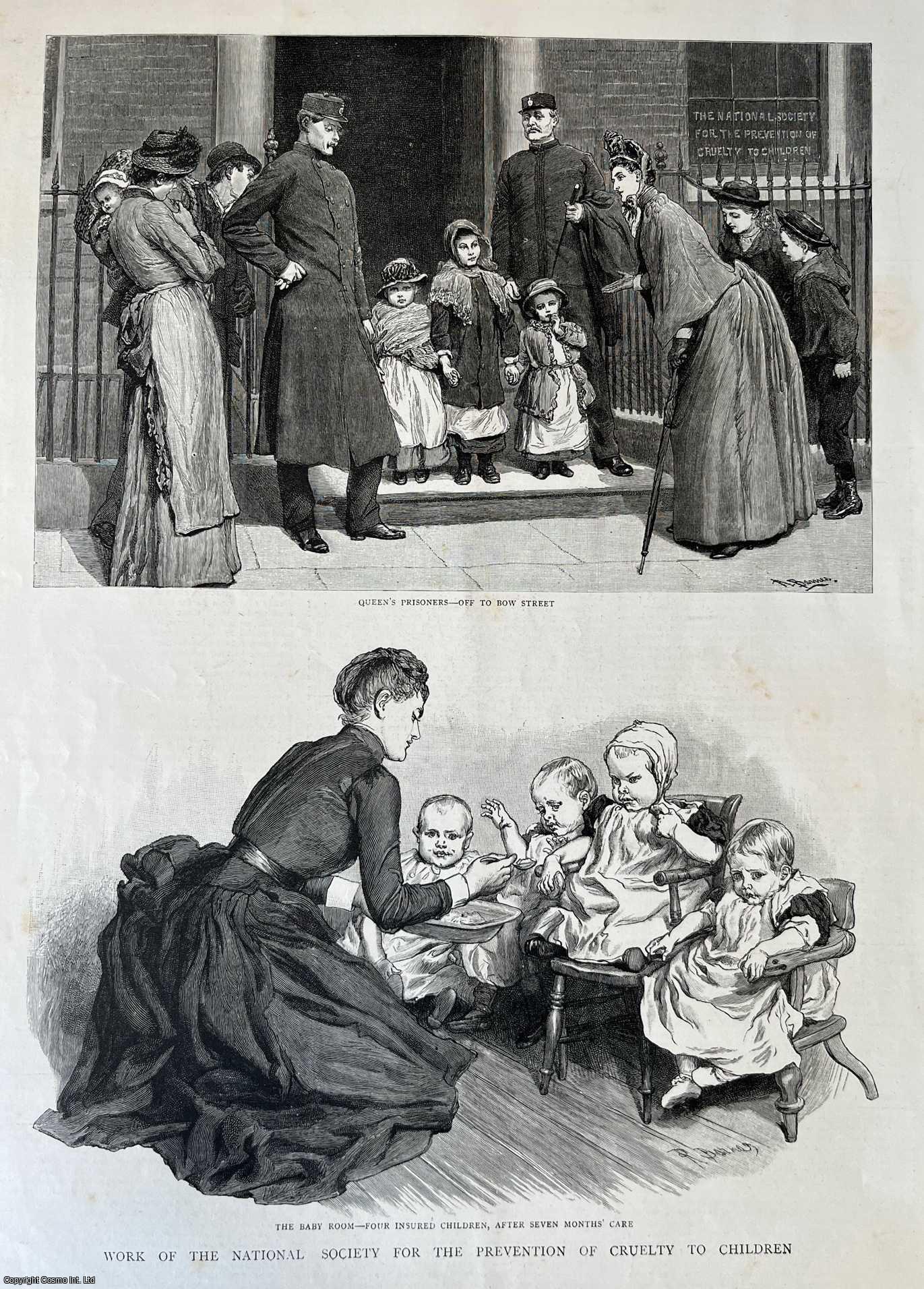 N.S.P.C.C. - Work of the National Society for the Prevention of Cruelty to Children. Two original woodcut engravings, from the Graphic Illustrated Weekly Magazine, 1889.