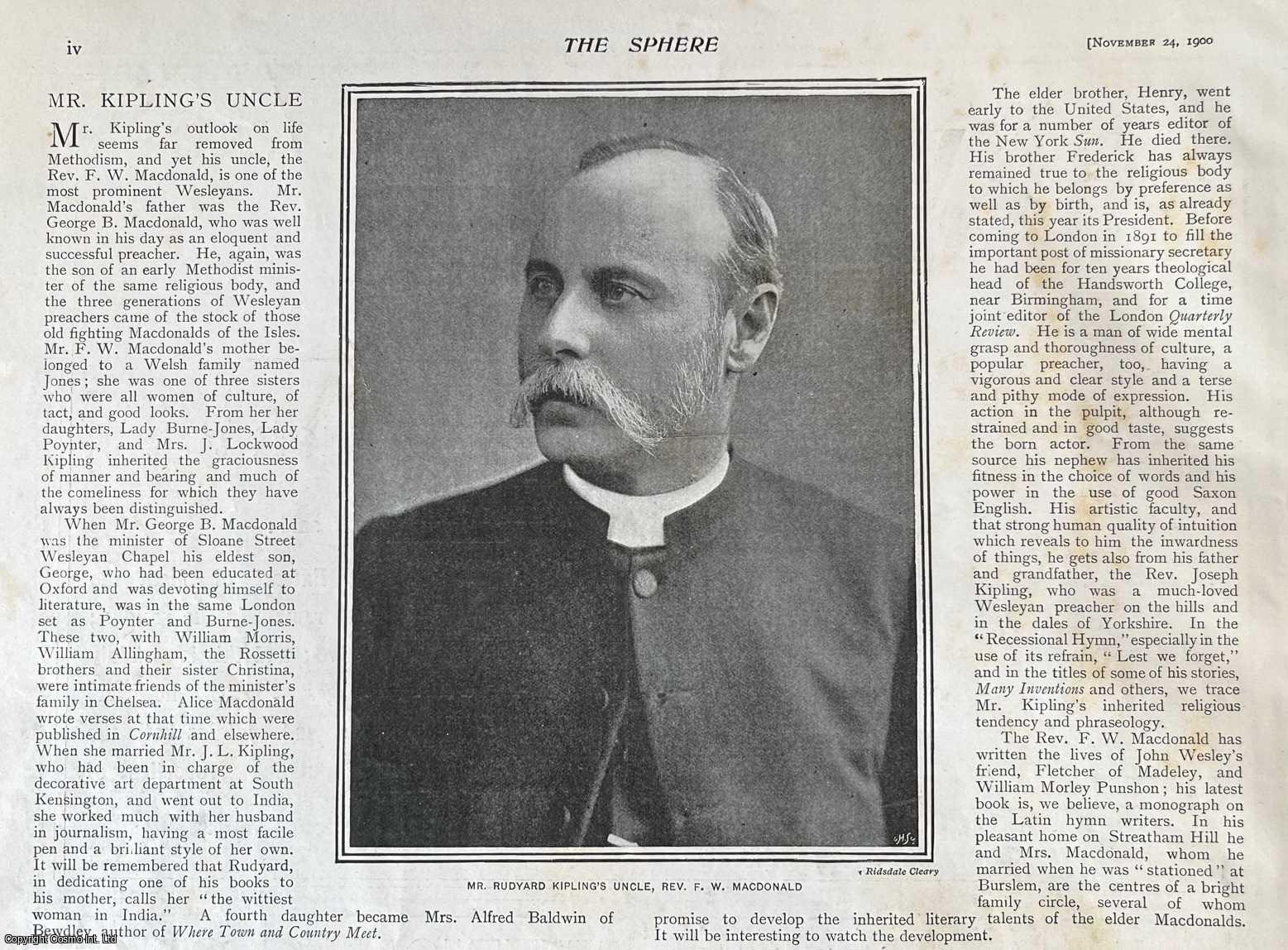 REV. F.W. MACDONALD - Portrait of Rudyard Kipling's Uncle, Rev. F.W. Macdonald, Prominent Wesleyan. Photographic print, with brief accompanying text, from the Sphere, an Illustrated Newspaper, 1900.