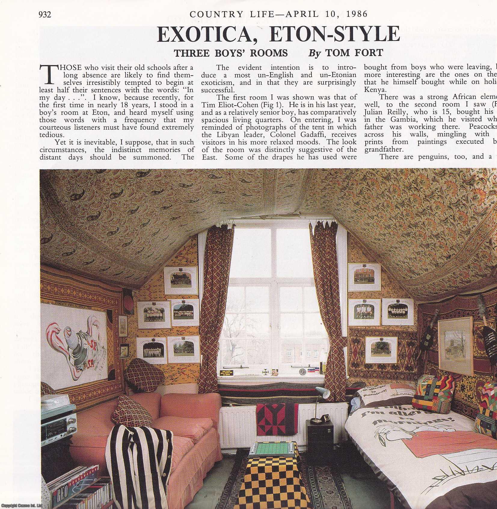 Tom Fort - Eton School: The Rooms of Three Boys. Several pictures and accompanying text, removed from an original issue of Country Life Magazine, 1986.