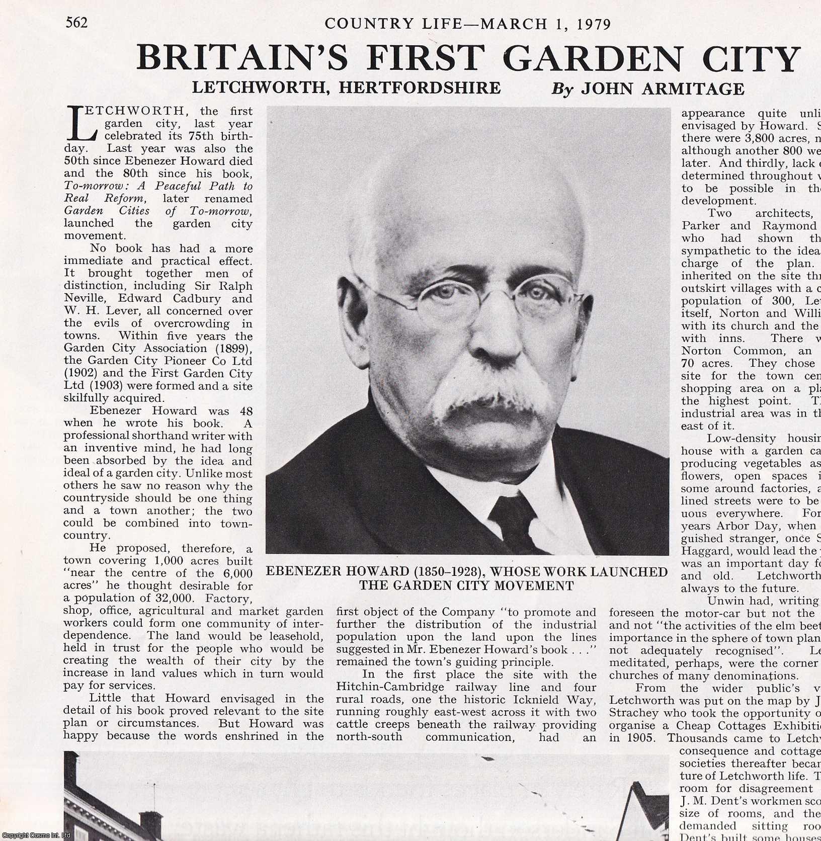 John Armitage - Letchworth, Hertfordshire; Britain's First Garden City. Several pictures and accompanying text, removed from an original issue of Country Life Magazine, 1979.