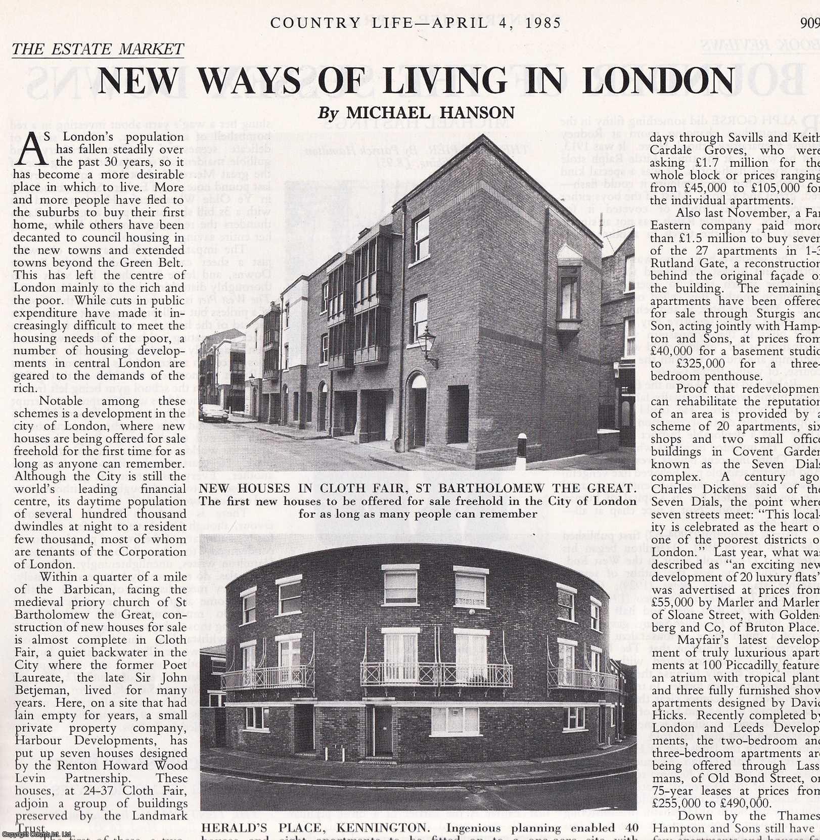 Michael Hanson - New Ways of Living in London: Exodus to the Suburbs Leaves the Centre to the Rich, and the Poor. Several pictures and accompanying text, removed from an original issue of Country Life Magazine, 1985.