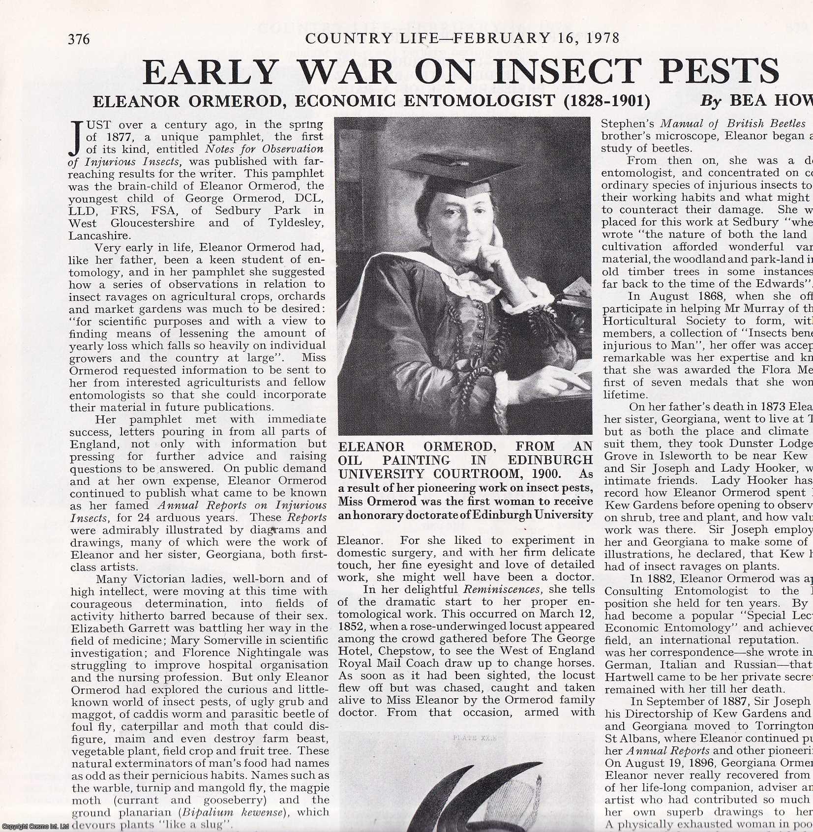 Bea Howe - Eleanor Ormerod, Economic Entomologist (1828-1910): Early War on Insect Pests. Several pictures and accompanying text, removed from an original issue of Country Life Magazine, 1978.