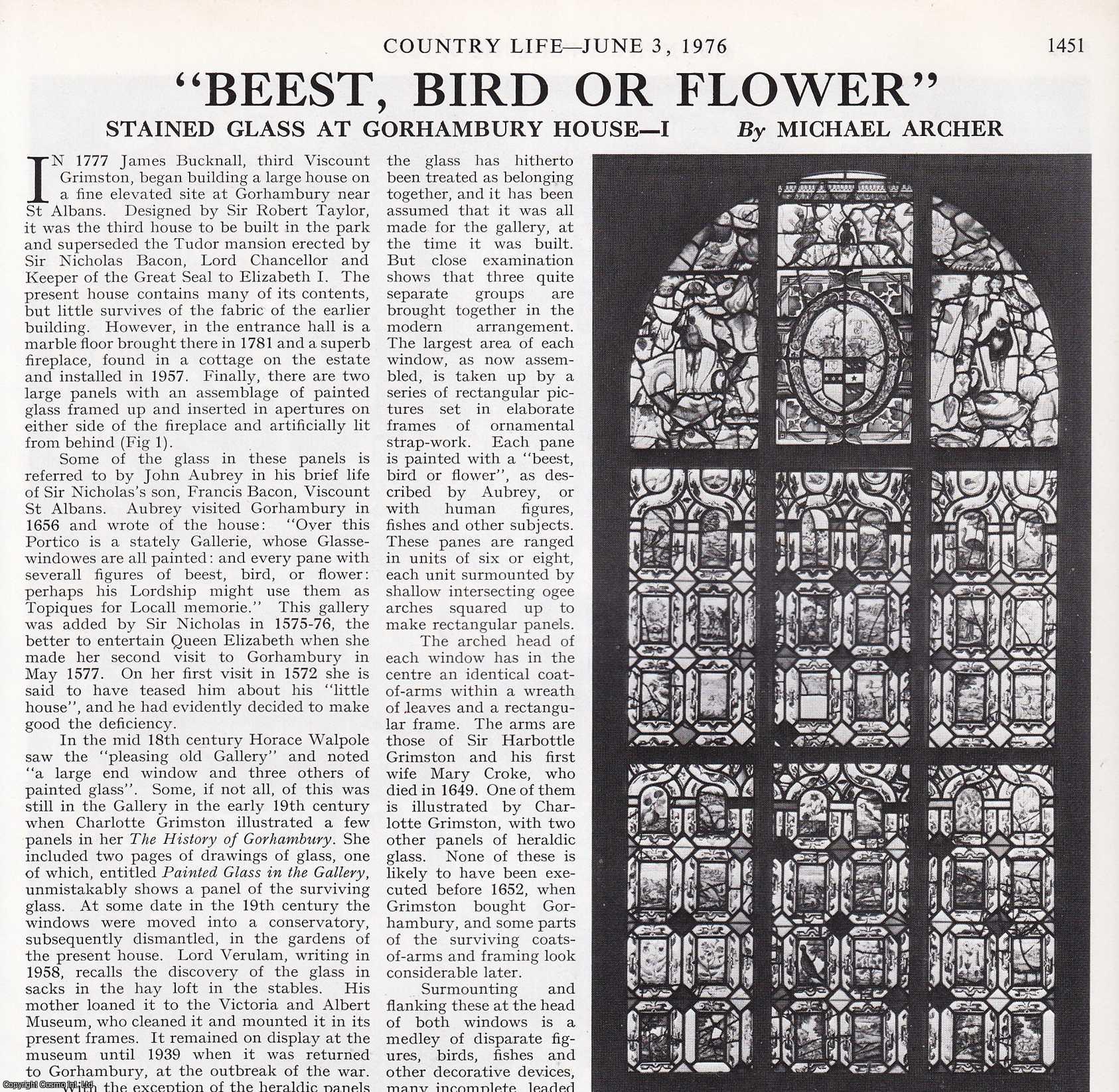 Michael Archer - Stained Glass at Gorhambury House, near St. Albans. Several pictures and accompanying text, removed from an original issue of Country Life Magazine, 1976.