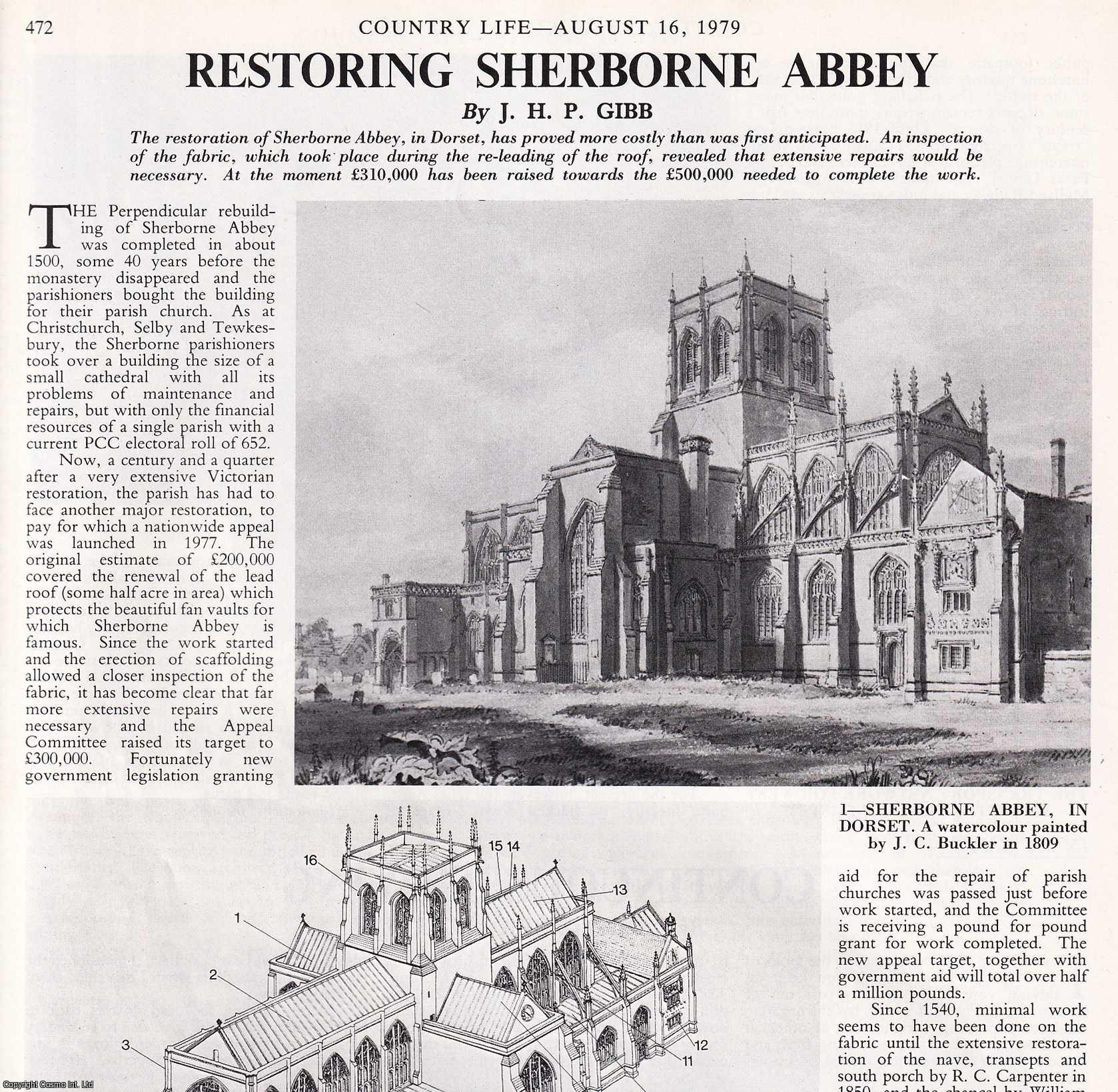J.H.P. Gibb - Resorting Sherborne Abbey in Dorset. Several pictures and accompanying text, removed from an original issue of Country Life Magazine, 1979.
