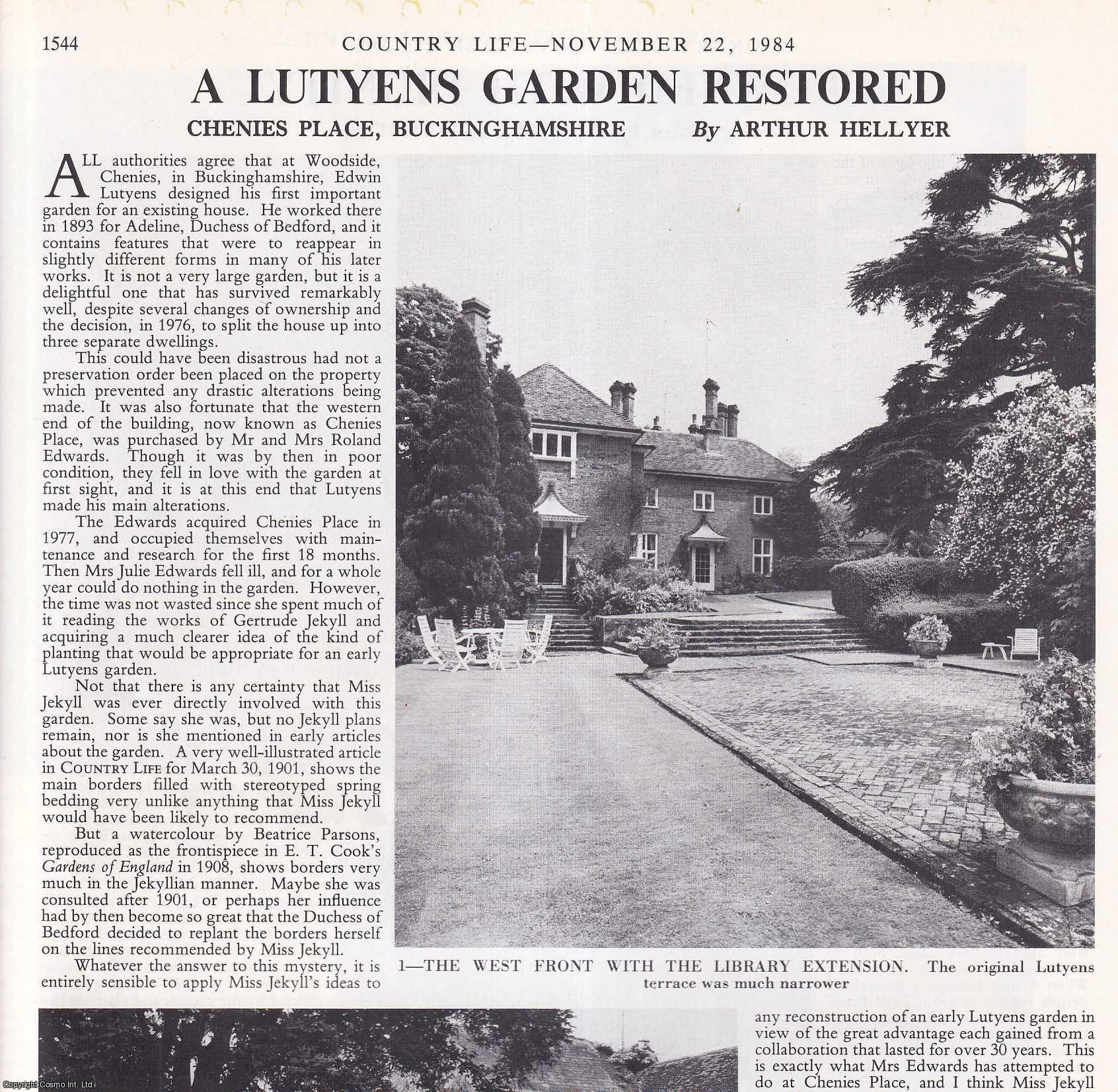 Arthur Hellyer - Chenies Place, Buckinghamshire: A Lutyens Garden Restored. Several pictures and accompanying text, removed from an original issue of Country Life Magazine, 1984.