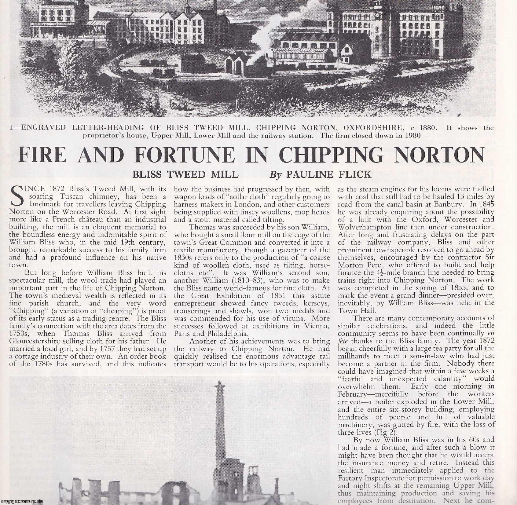 Pauline Flick - Bliss Tweed Mill, Chipping Norton, Oxfordshire: Fire and Fortune. Several pictures and accompanying text, removed from an original issue of Country Life Magazine, 1985.