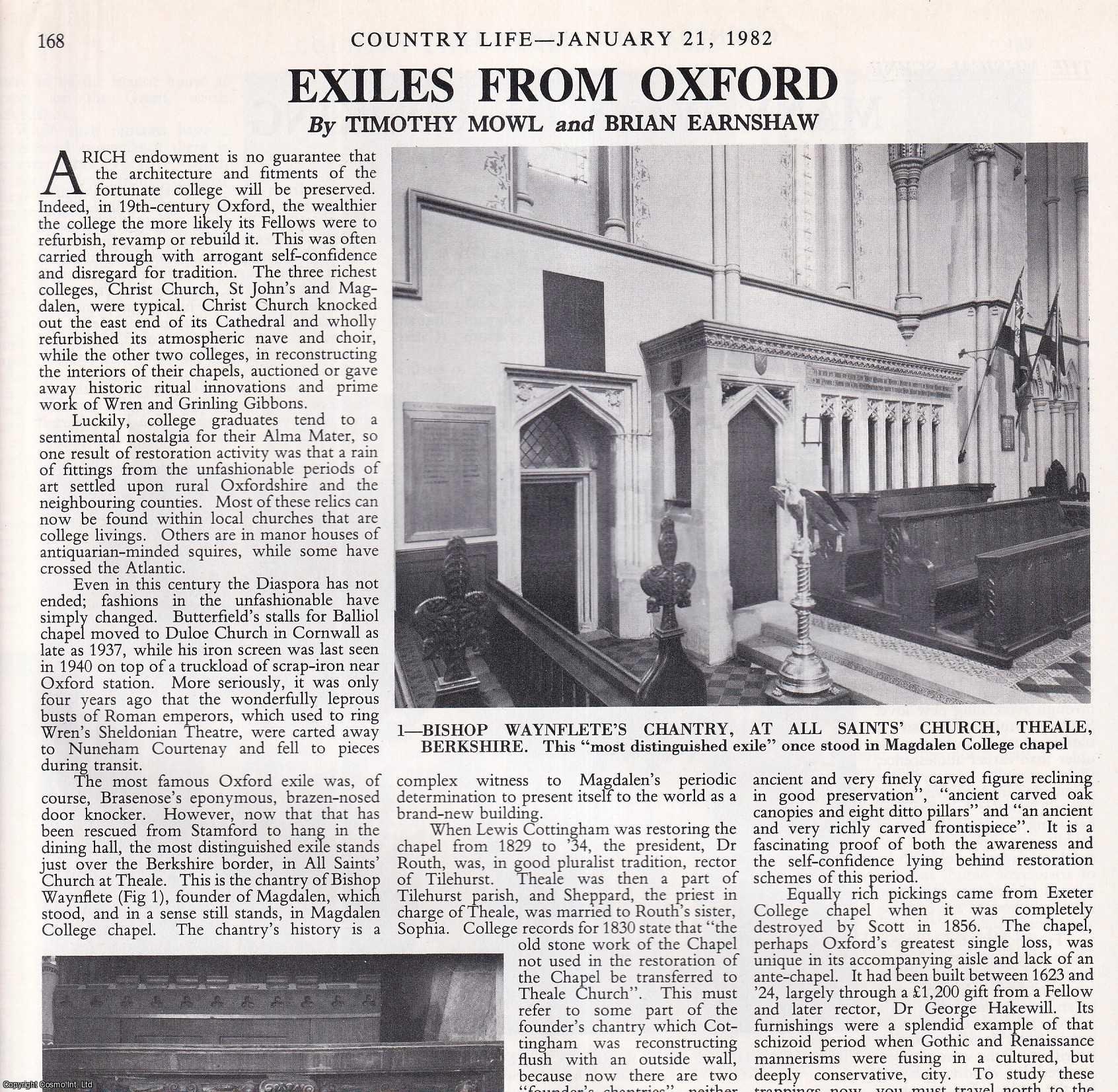 Timothy Mowl and Brian Earnshaw - Exiles from Oxford. The present locations of architectural pieces and fitments given away by Oxford Colleges during restoration works. Several pictures and accompanying text, removed from an original issue of Country Life Magazine, 1982.