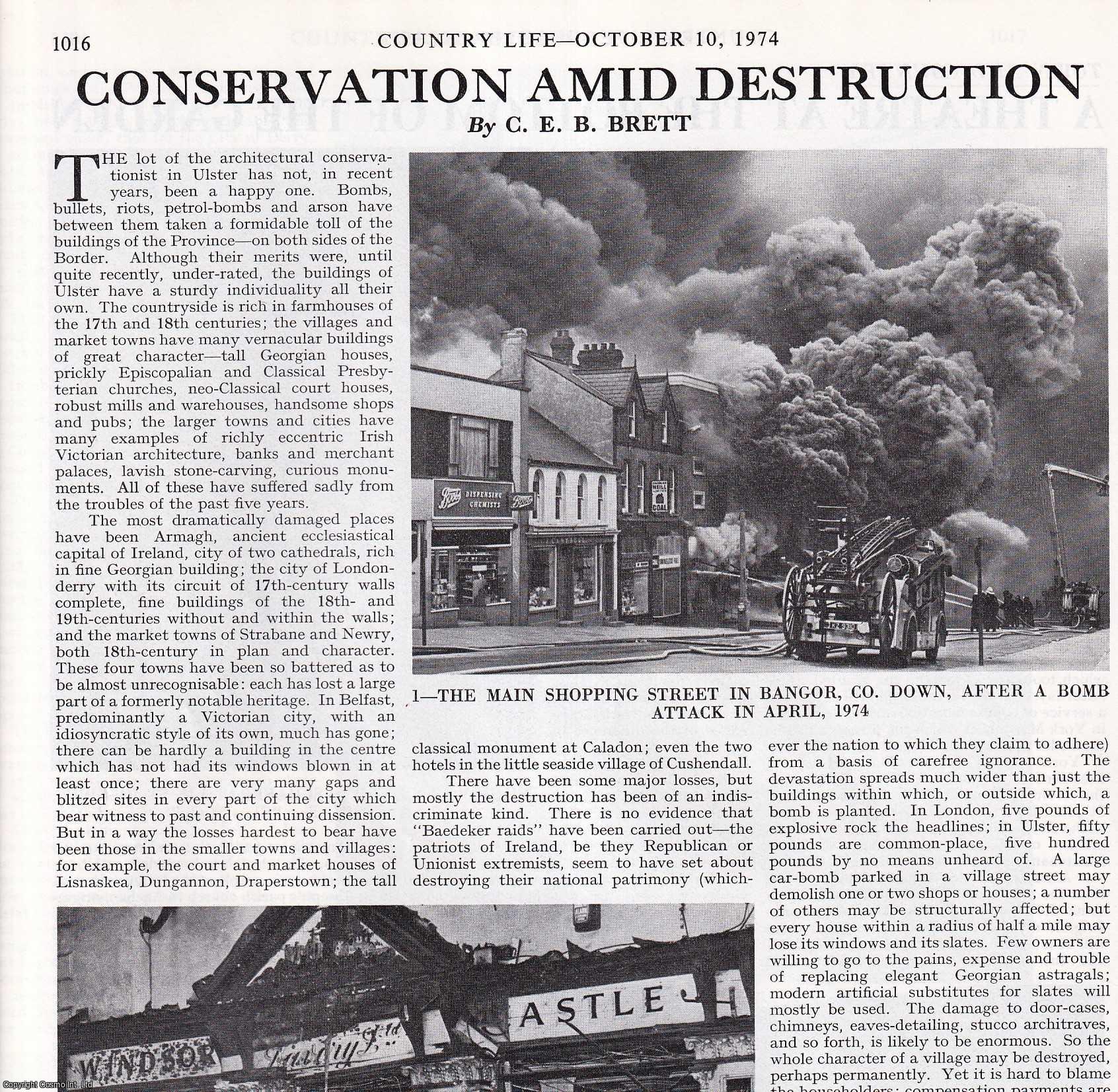 C.E.B. Brett - Northern Ireland: Conservation Amid Destruction. Several pictures and accompanying text, removed from an original issue of Country Life Magazine, 1974.