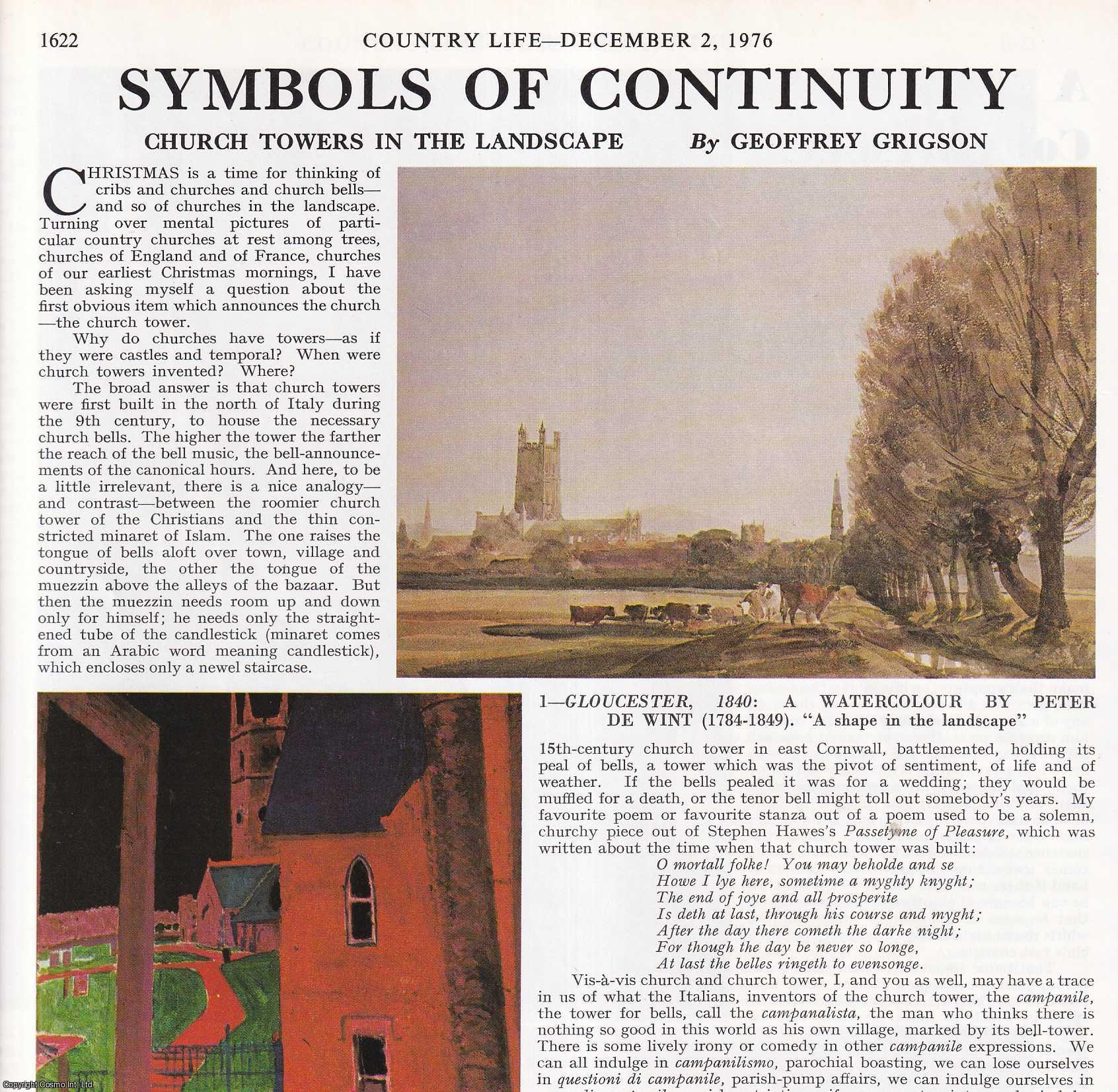 Geoffrey Grigson - Church Towers in the Landscape: Symbols of Continuity. Several pictures and accompanying text, removed from an original issue of Country Life Magazine, 1976.