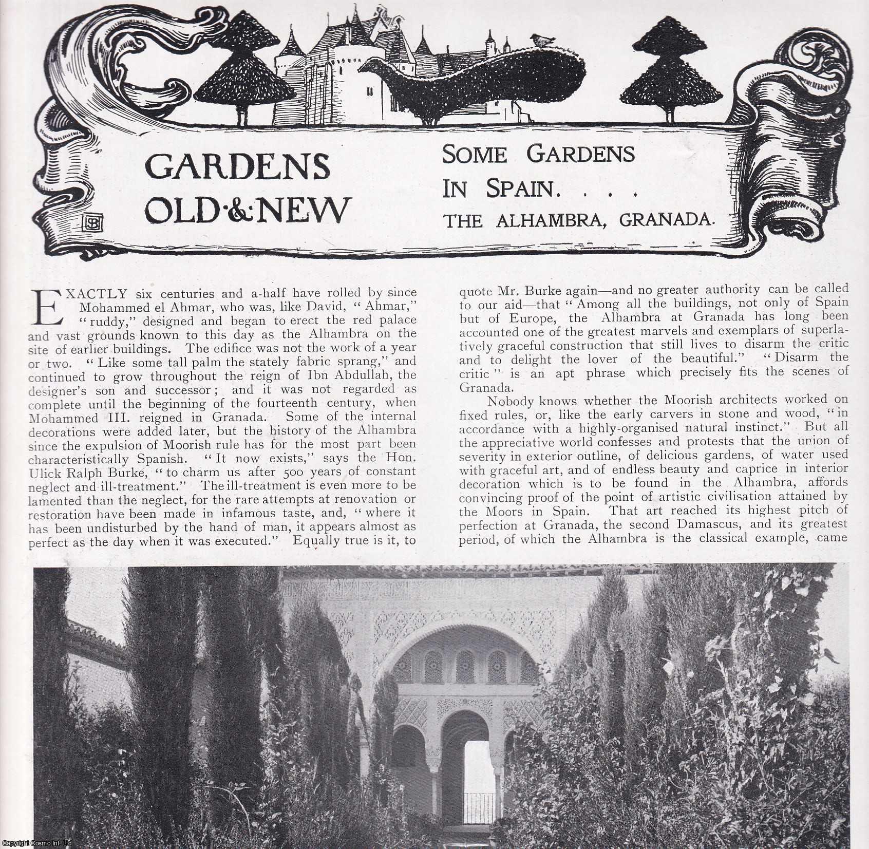 GARDENS - The Gardens of the Alhambra, Granada, Spain. Several pictures and accompanying text, removed from an original issue of Country Life Magazine, 1898.