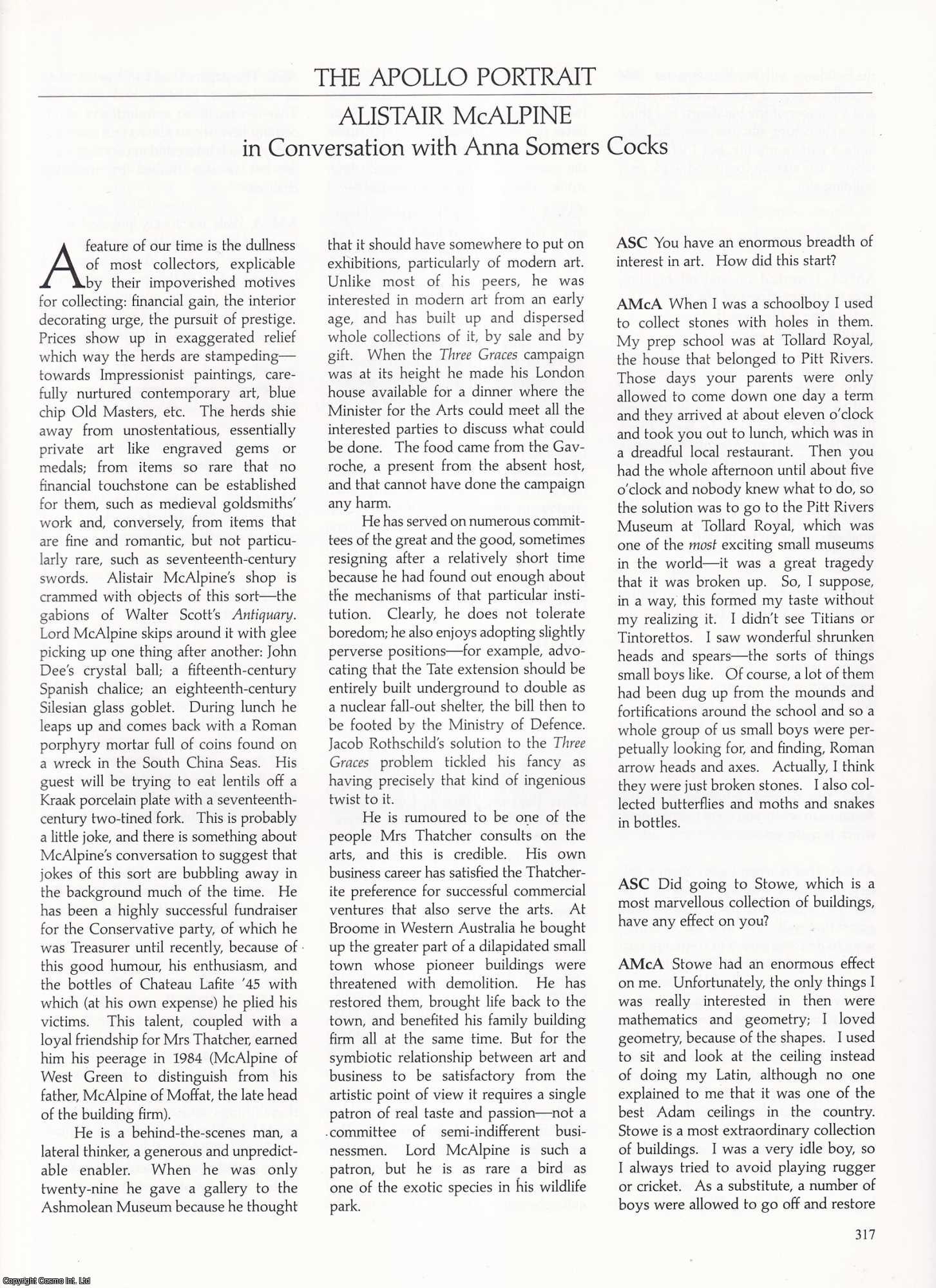 Anna Somers Cocks - Alistair McAlpine in Conversation with Anna Somers Cocks on Collecting and Art. An original article from Apollo, International Magazine of the Arts, 1990.