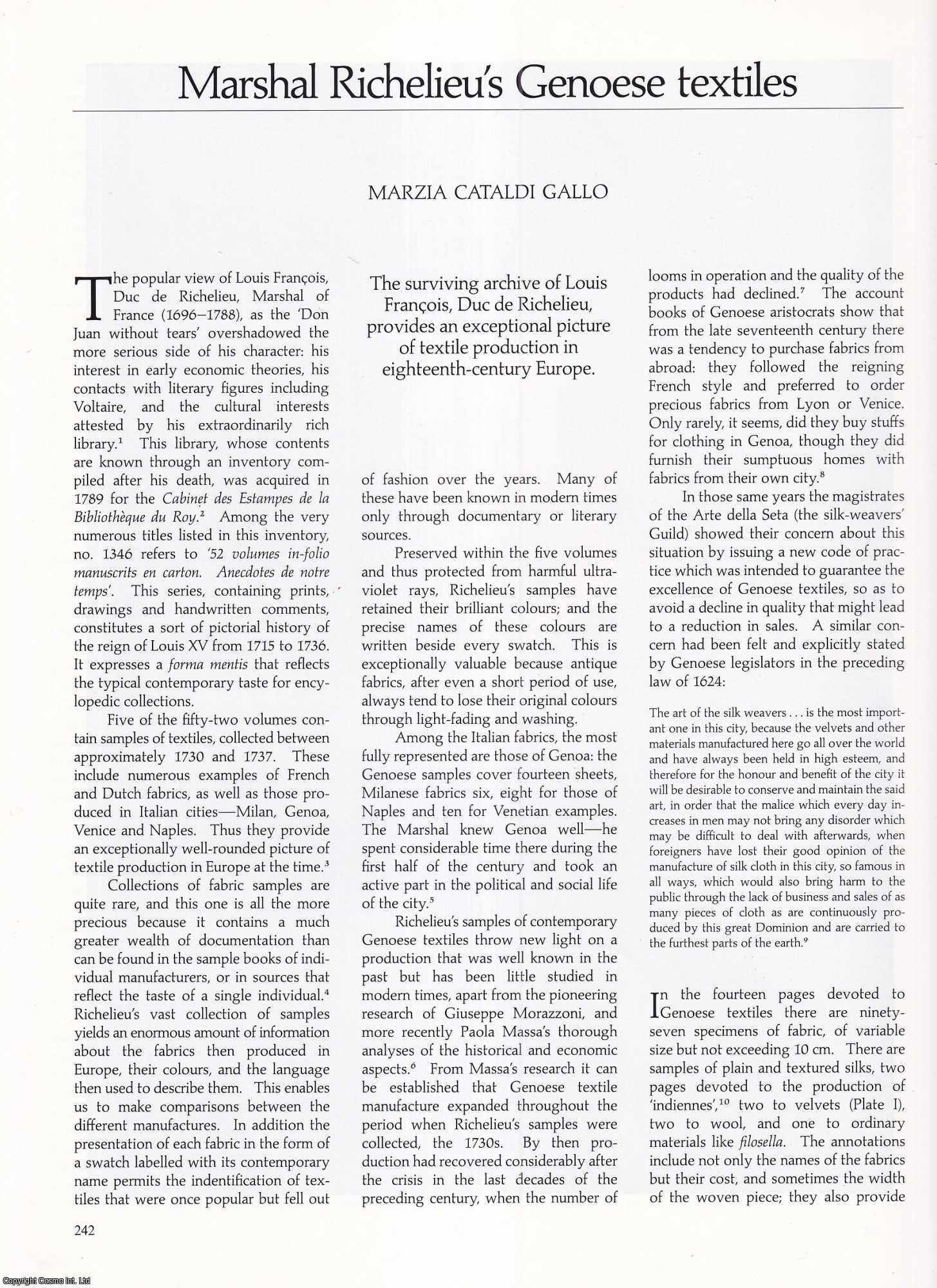 Marzia Cataldi Gallo - Marshal Richelieu's Genoese Textiles. An original article from Apollo, International Magazine of the Arts, 1990.