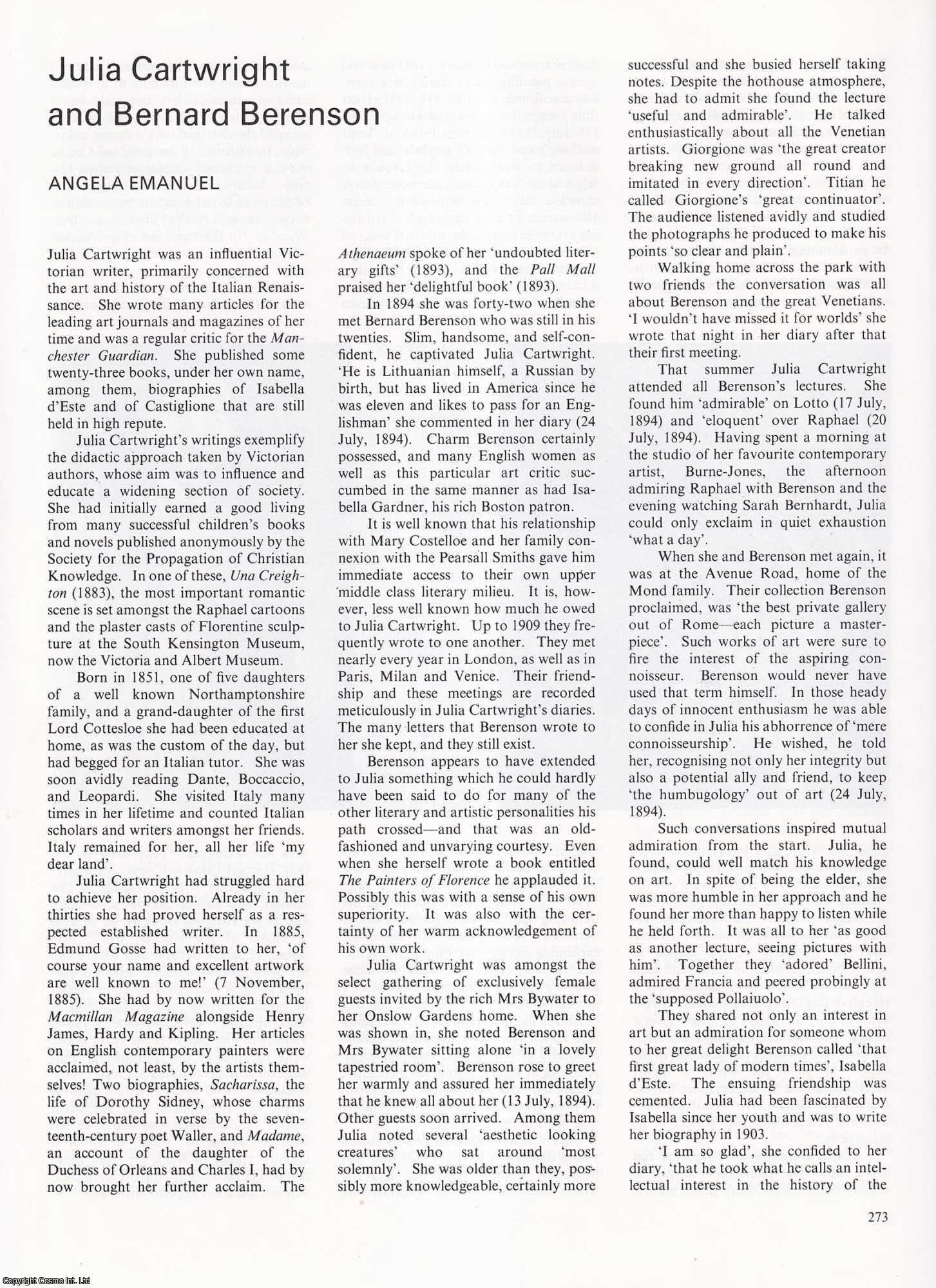 Angela Emanuel - Julia Cartwright and Bernard Berenson: Victorian Writer and American Art Historian. An original article from Apollo, International Magazine of the Arts, 1984.