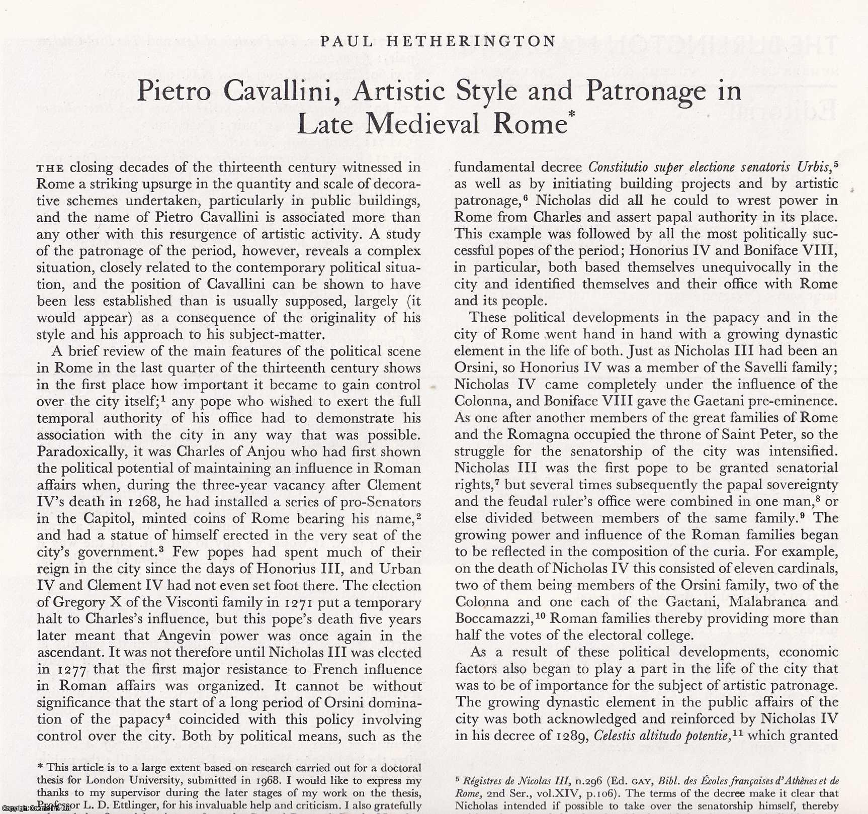 Paul Hetherington - Pietro Cavallini, Artistic Style and Patronage in Late Medieval Rome. An original article from The Burlington Magazine, 1972.