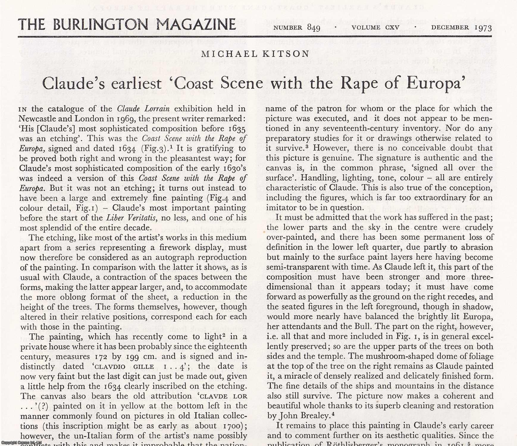 Michael Kitson; Helen Langdon; John Sunderland; Philip Conisbee - Claude Lorrain's Earliest 'Coast Scene with the Rape of Europa'. Together with Salvator Rosa and Claude Lorrain; The Legend and Influence of Salvator Rosa in England in the Eighteenth Century; Salvator Rosa and Claude-Joseph Vernet. Four original articles from The Burlington Magazine, 1973.