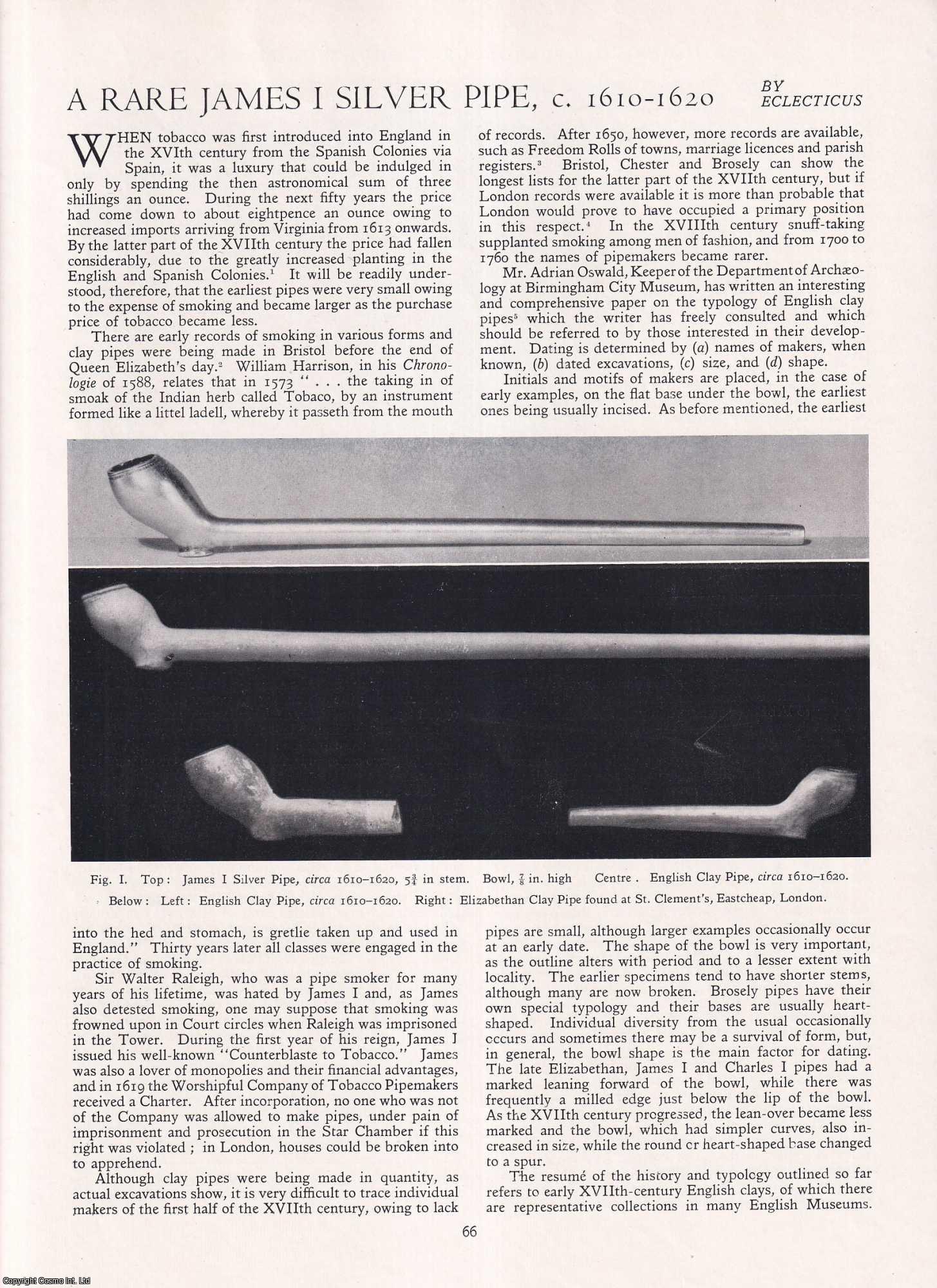 Eclecticus' - A Rare, James I, Silver Pipe c. 1610-1620. An original article from Apollo, International Magazine of the Arts, 1955.