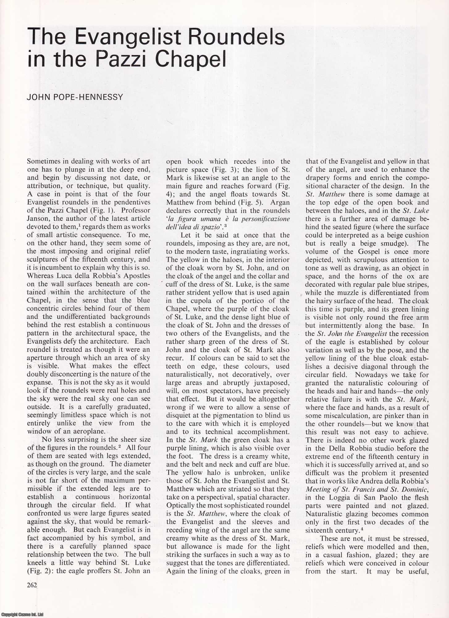 John Pope-Hennessy - The Evangelist Roundels in the Pazzi Chapel of the Basilica di Santa Croce in Florence. An original article from Apollo, International Magazine of the Arts, 1977.