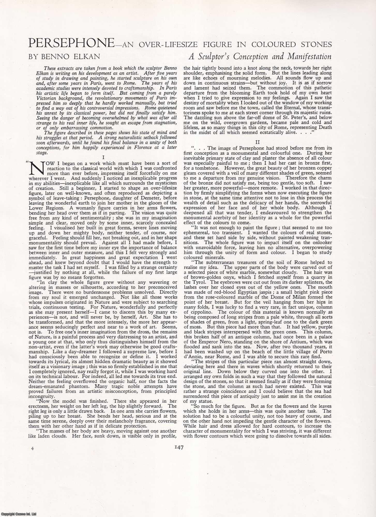 Benno Elkan - Persephone, an Over-Lifesize Figure in Coloured Stones: A Sculptor's Conception and Manifestation. An original article from Apollo, International Magazine of the Arts, 1949.
