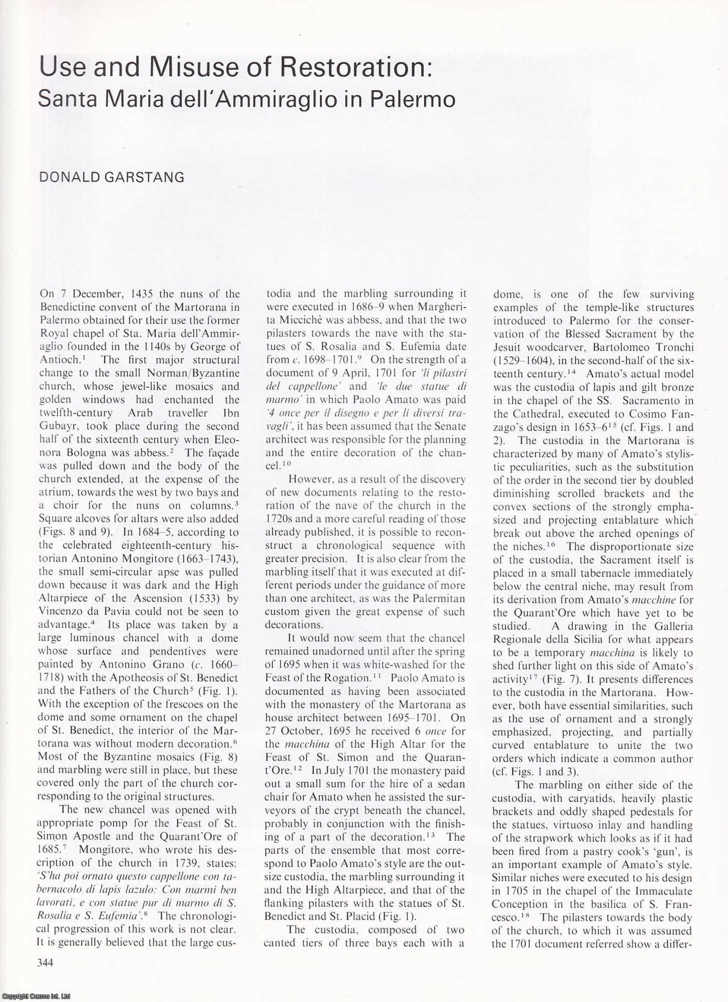 Donald Garstang - Use and Misuse of Restoraton: Santa Maria dell' Ammiraglio in Palermo. An original article from Apollo, International Magazine of the Arts, 1985.