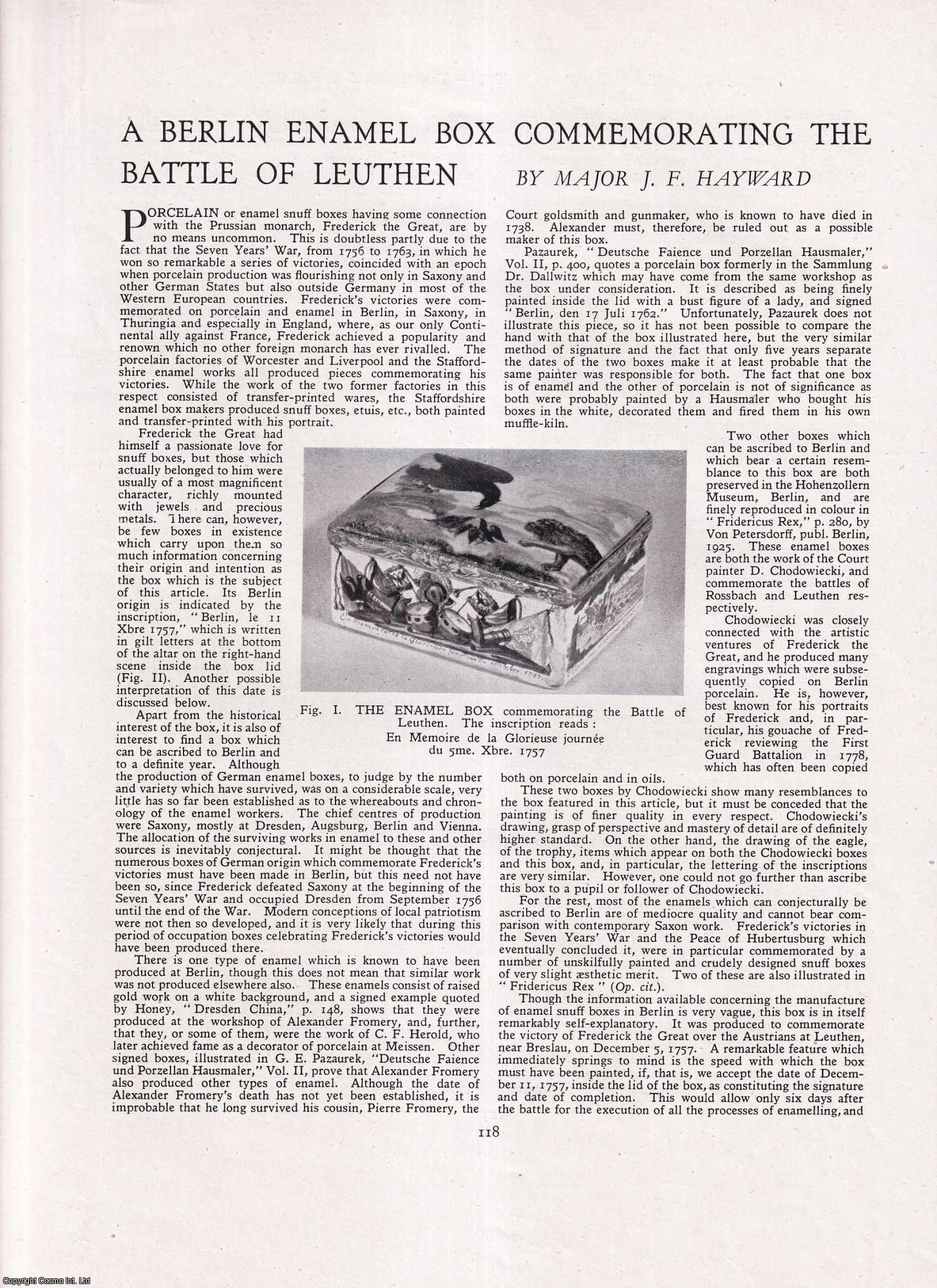 Major J.F. Hayward - A Berlin Enamel Box Commemorating the Battle of Leuthen, 1757. An original article from Apollo, International Magazine of the Arts, 1945.