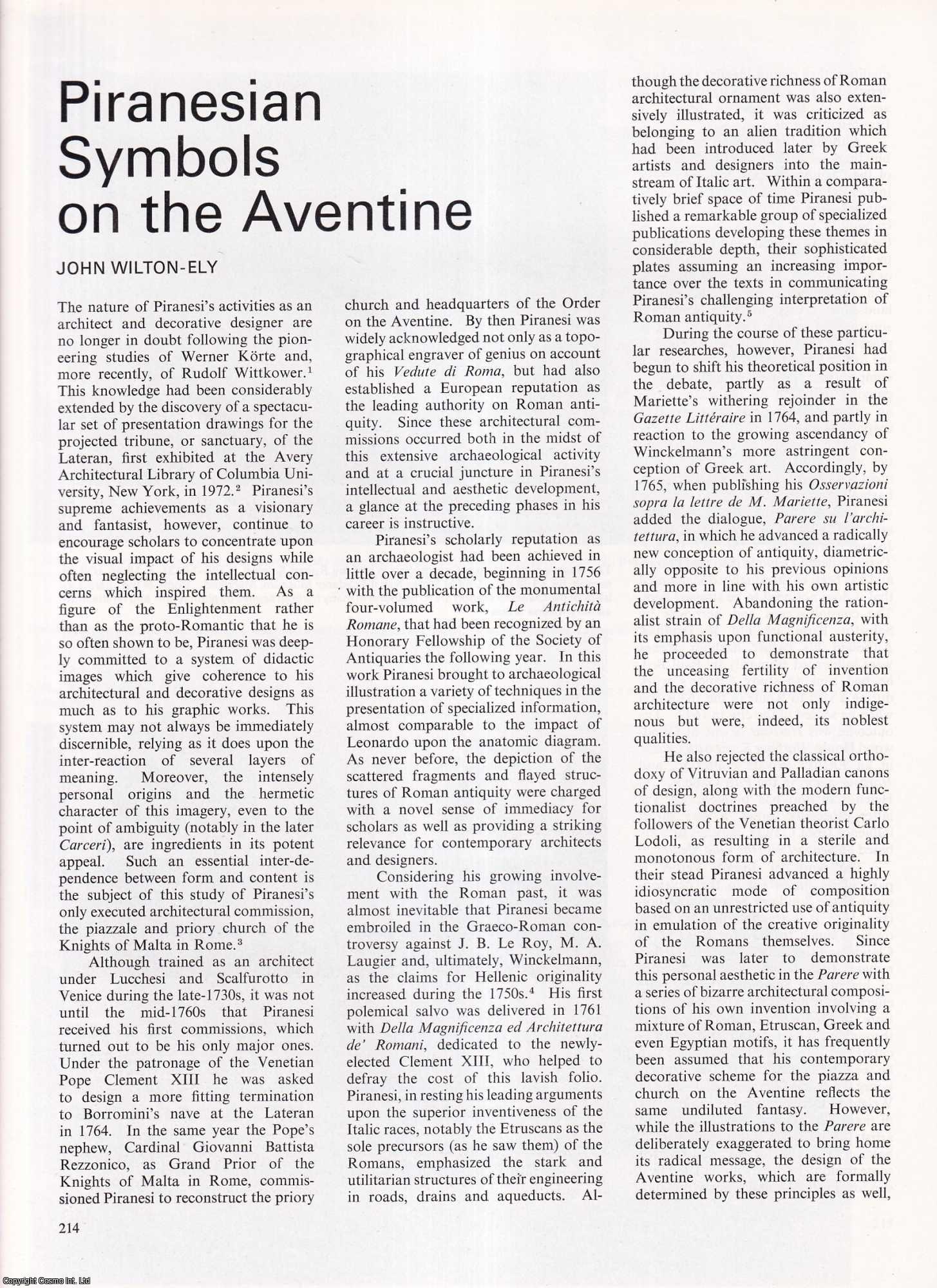 John Wilton-Ely - Piranesian Symbols on the Aventine. An original article from Apollo, International Magazine of the Arts, 1976.