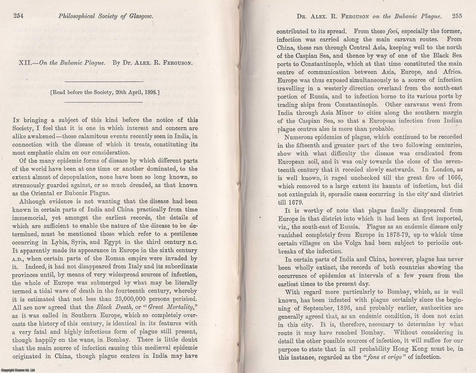 Dr. Alex. R. Ferguson - On the Bubonic Plague. This is an original article from the Proceedings of the Glasgow Philosophical Society, 1898.