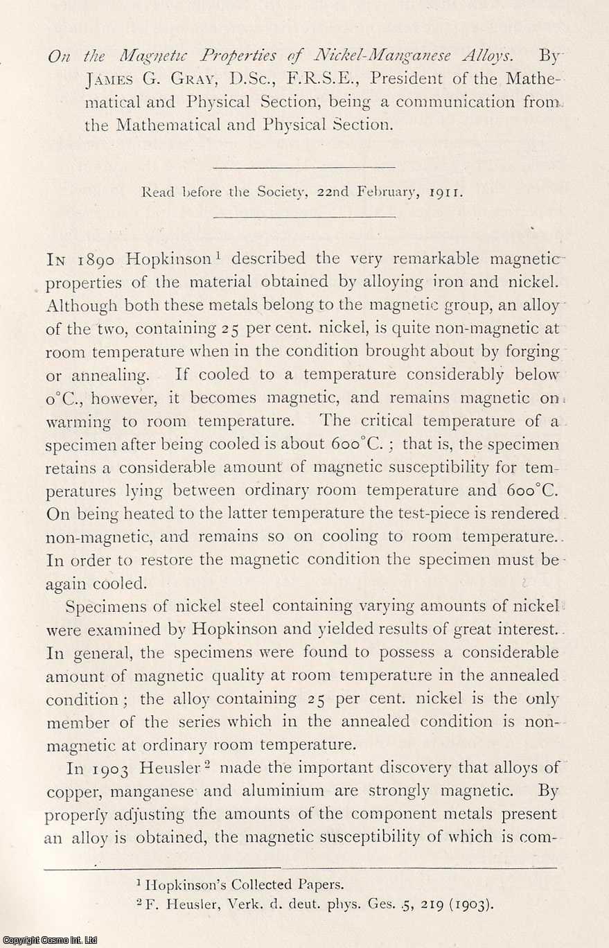 James G. Gray - On the Magnetic Properties of Nickel-Manganese Alloys. This is an original article from the Proceedings of the Glasgow Philosophical Society, 1911.