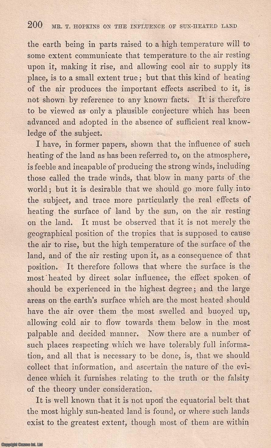 Thos. Hopkins - On the influence of Sun-Heated Land in producing Ascending Atmospheric Currents. This is an original article from the Memoirs of the Literary and Philosophical Society of Manchester, 1854.
