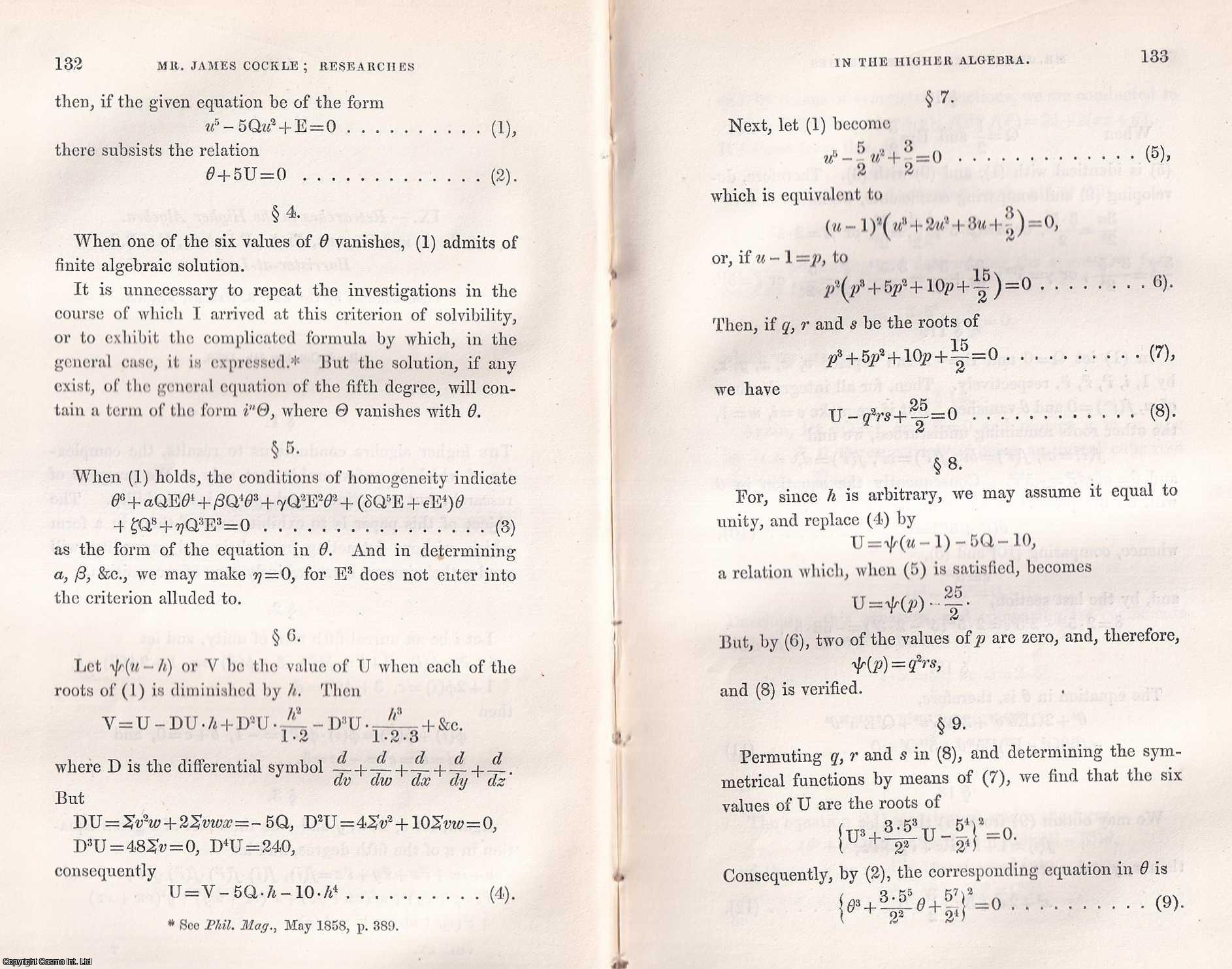 James Cockle - Researches in the Higher Algebra. This is an original article from the Memoirs of the Literary and Philosophical Society of Manchester, 1860.
