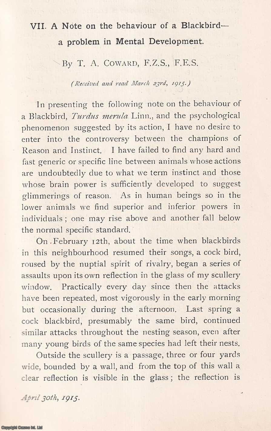 T.A. Coward - On the behaviour of a Blackbird; a problem in Mental Development. This is an original article from the Memoirs of the Literary and Philosophical Society of Manchester, 1915.